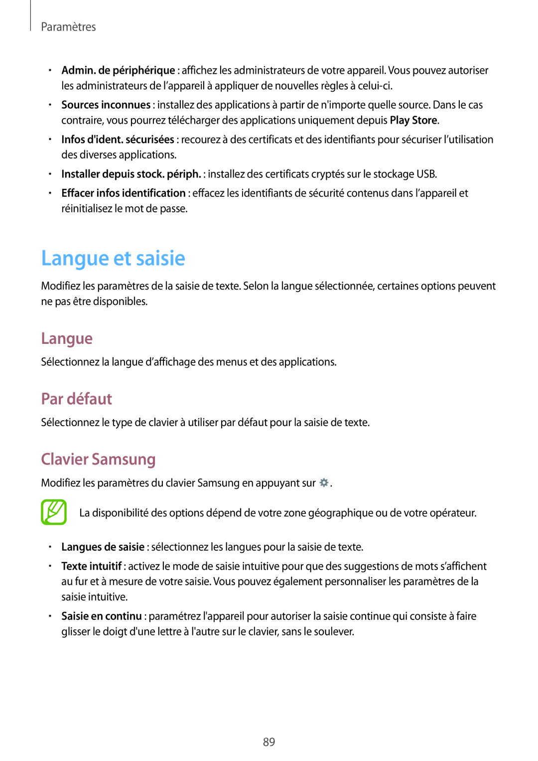 Samsung SM-T2100MKABGL, SM-T2100ZWABGL, SM-T2100GNABGL manual Langue et saisie, Par défaut, Clavier Samsung 