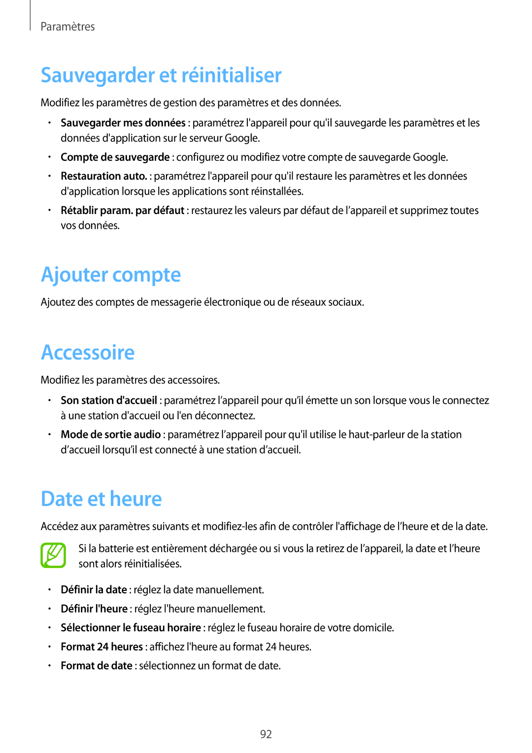 Samsung SM-T2100MKABGL, SM-T2100ZWABGL manual Sauvegarder et réinitialiser, Ajouter compte, Accessoire, Date et heure 