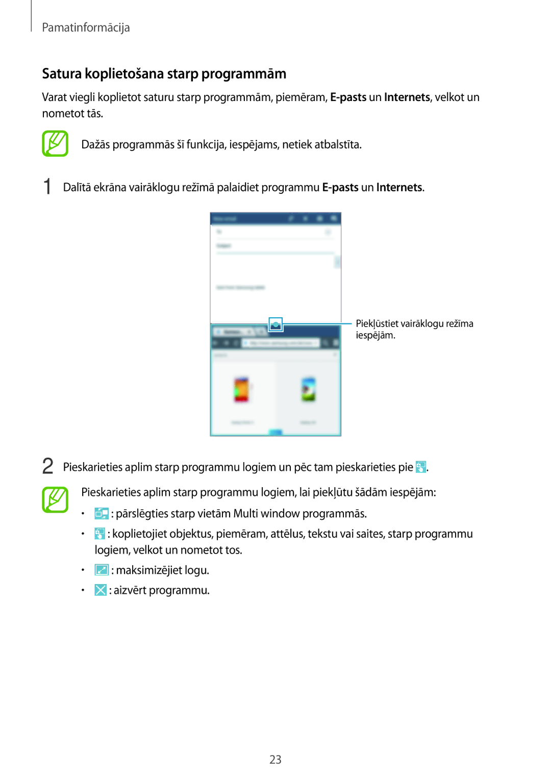 Samsung SM-T2100MKASEB, SM-T2100ZWASEB manual Satura koplietošana starp programmām 