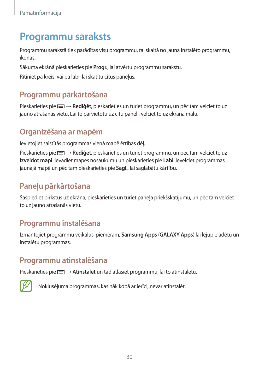 Samsung SM-T2100ZWASEB manual Programmu saraksts, Programmu pārkārtošana, Organizēšana ar mapēm, Programmu instalēšana 