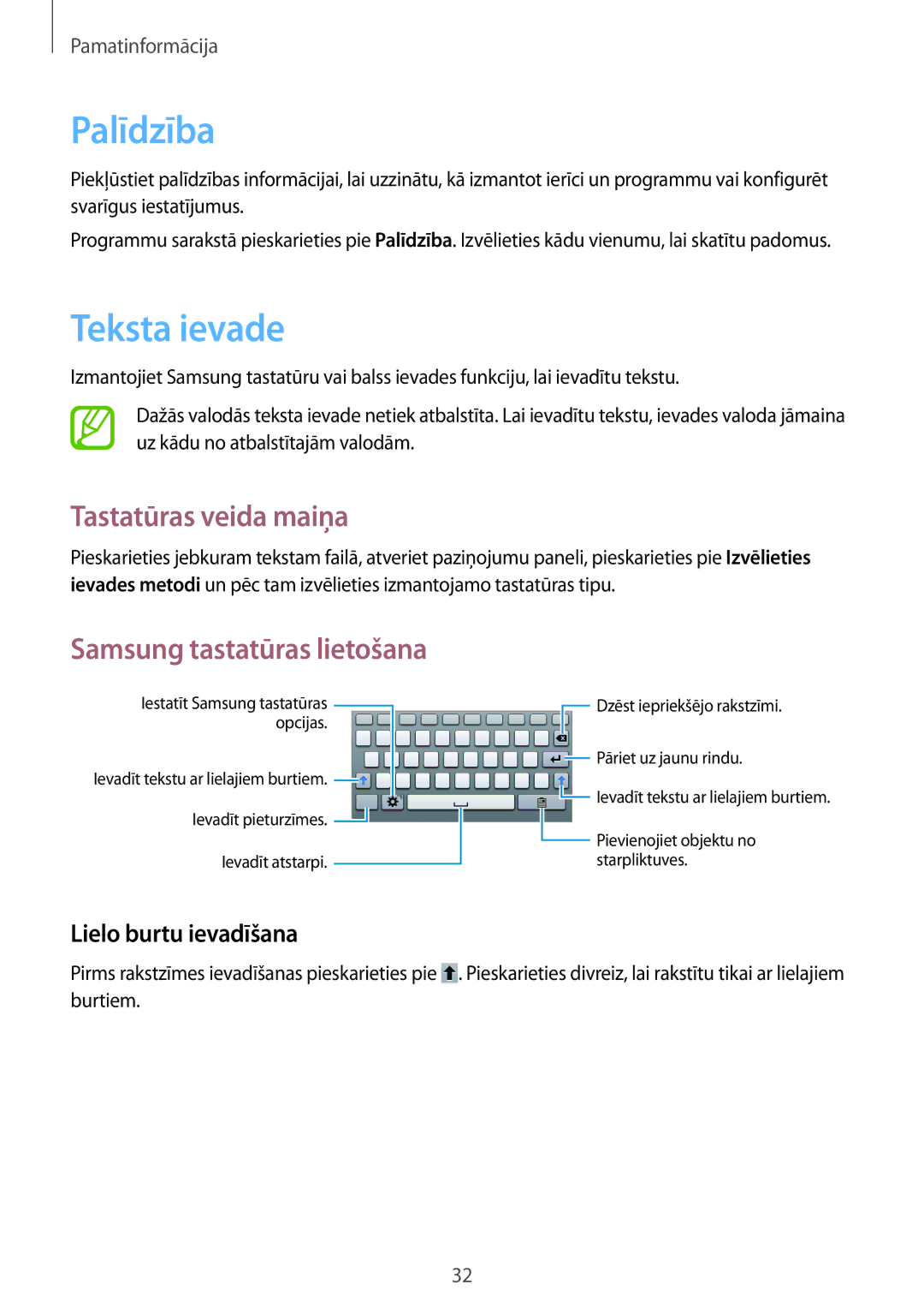 Samsung SM-T2100ZWASEB, SM-T2100MKASEB manual Palīdzība, Teksta ievade, Tastatūras veida maiņa, Samsung tastatūras lietošana 