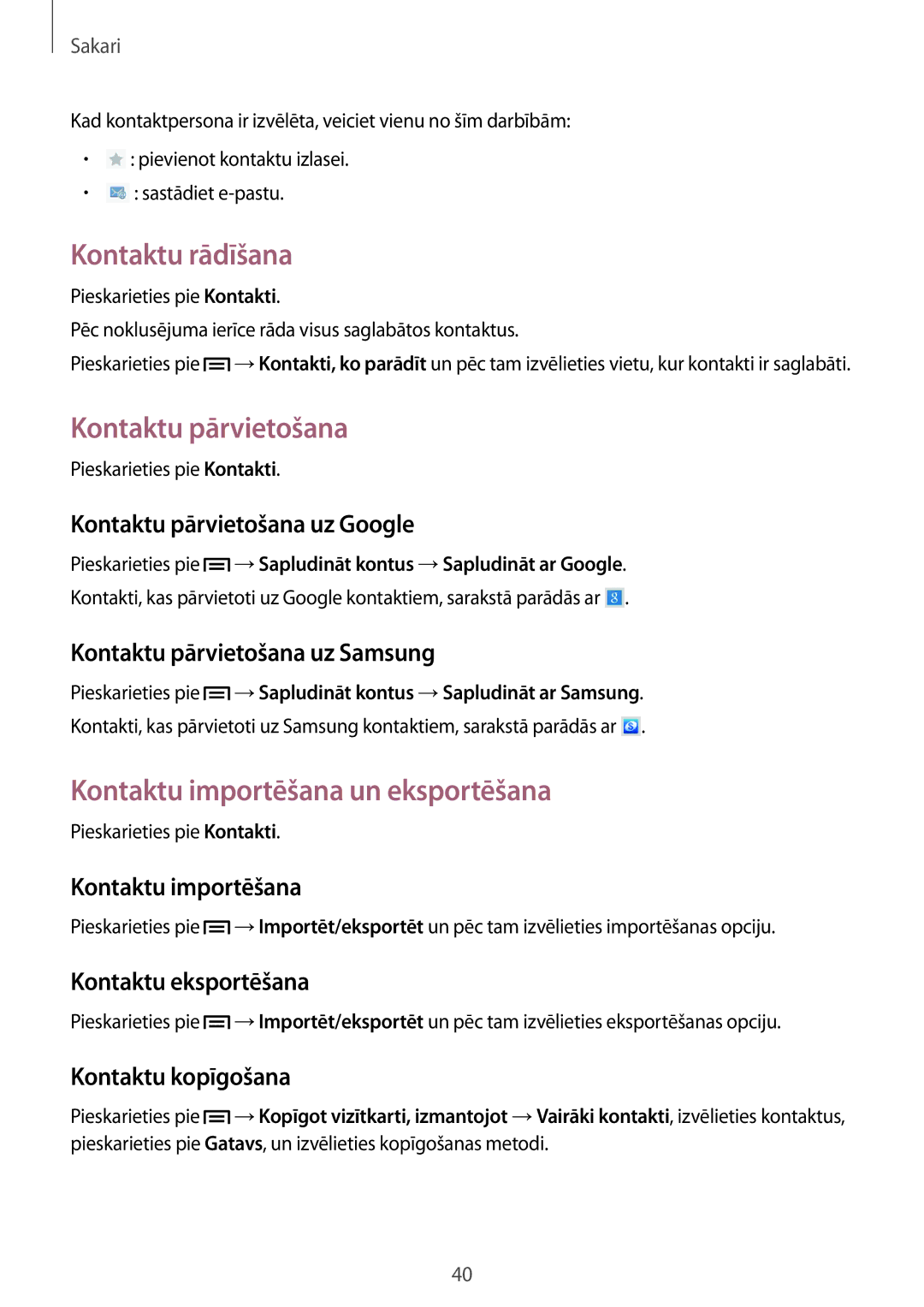 Samsung SM-T2100ZWASEB, SM-T2100MKASEB manual Kontaktu rādīšana, Kontaktu pārvietošana, Kontaktu importēšana un eksportēšana 