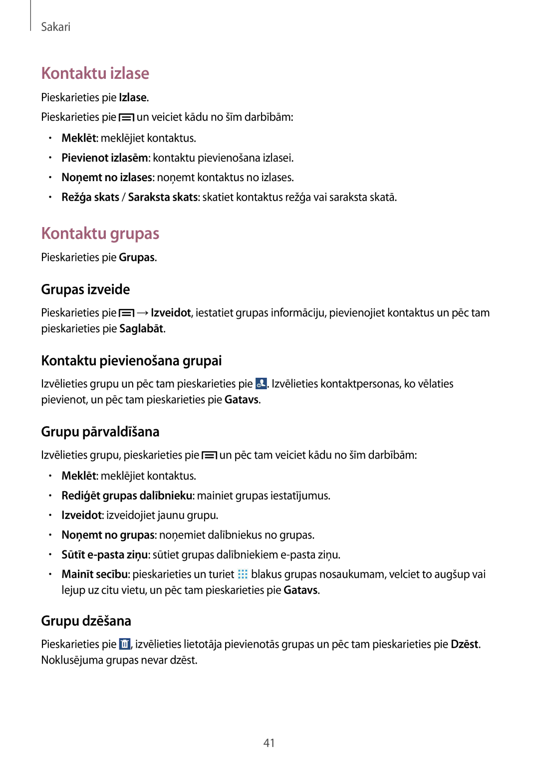 Samsung SM-T2100MKASEB, SM-T2100ZWASEB manual Kontaktu izlase, Kontaktu grupas 