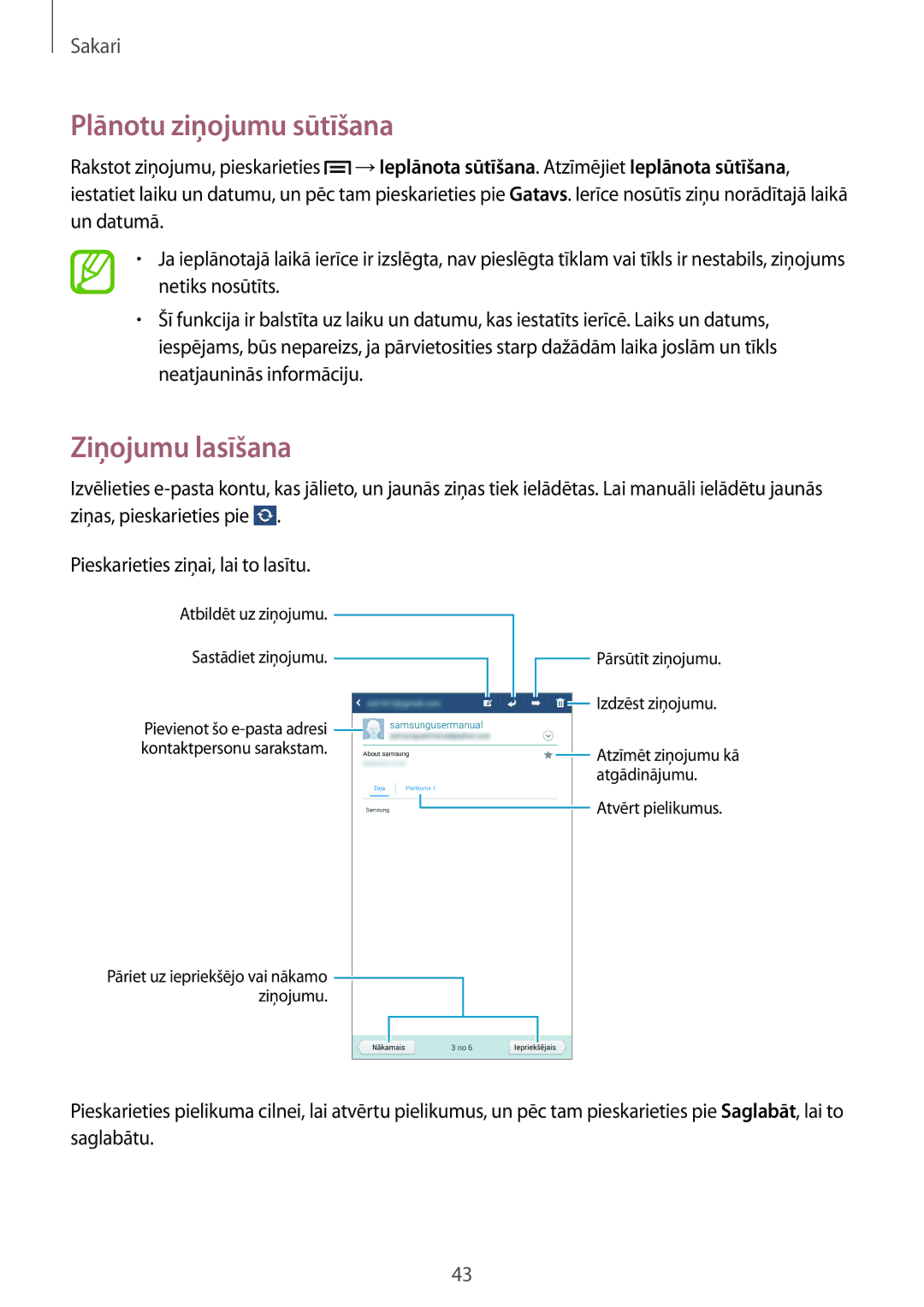 Samsung SM-T2100MKASEB, SM-T2100ZWASEB manual Plānotu ziņojumu sūtīšana, Ziņojumu lasīšana 