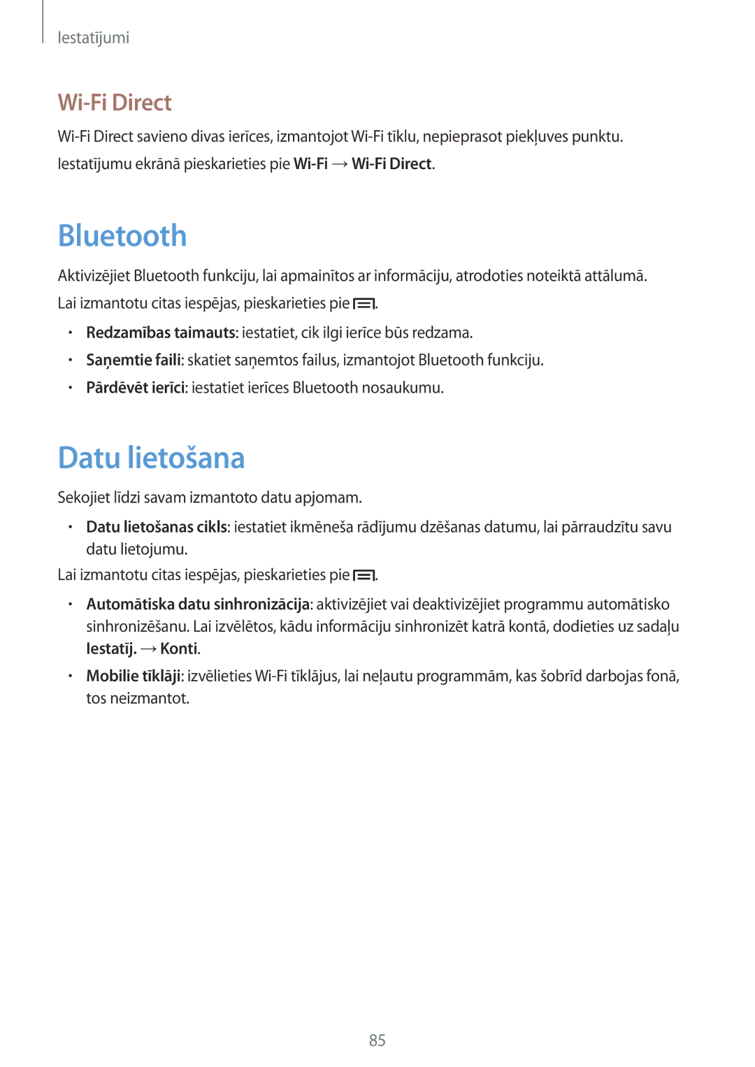 Samsung SM-T2100MKASEB, SM-T2100ZWASEB manual Datu lietošana, Wi-Fi Direct 