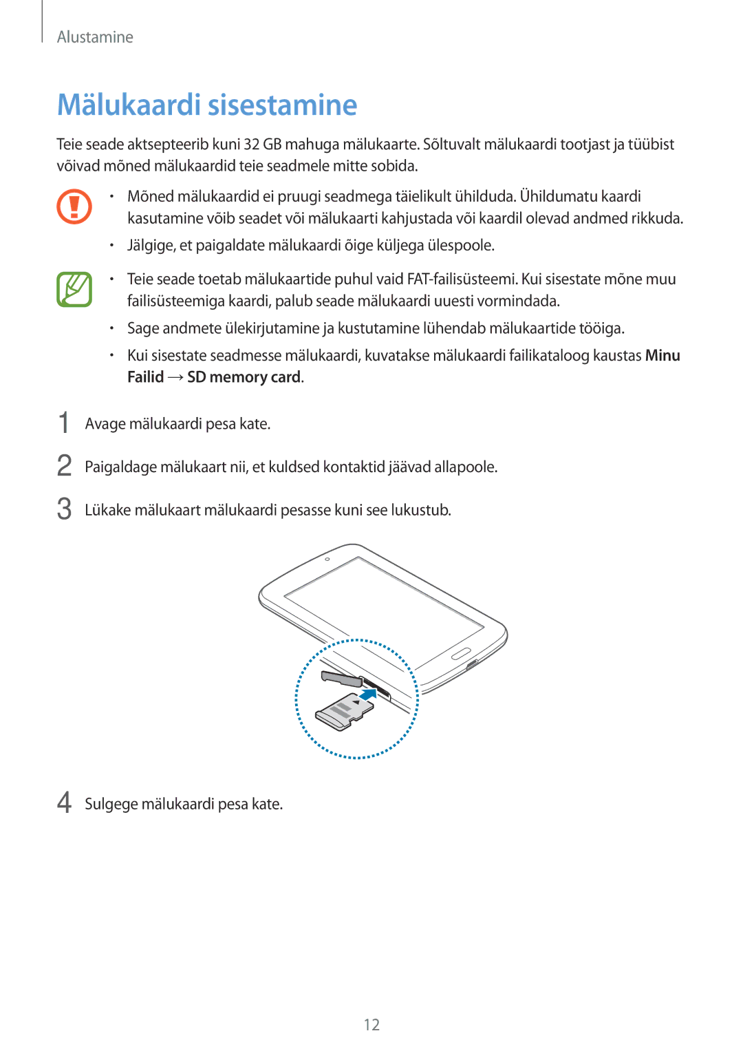Samsung SM-T2100ZWASEB, SM-T2100MKASEB manual Mälukaardi sisestamine 