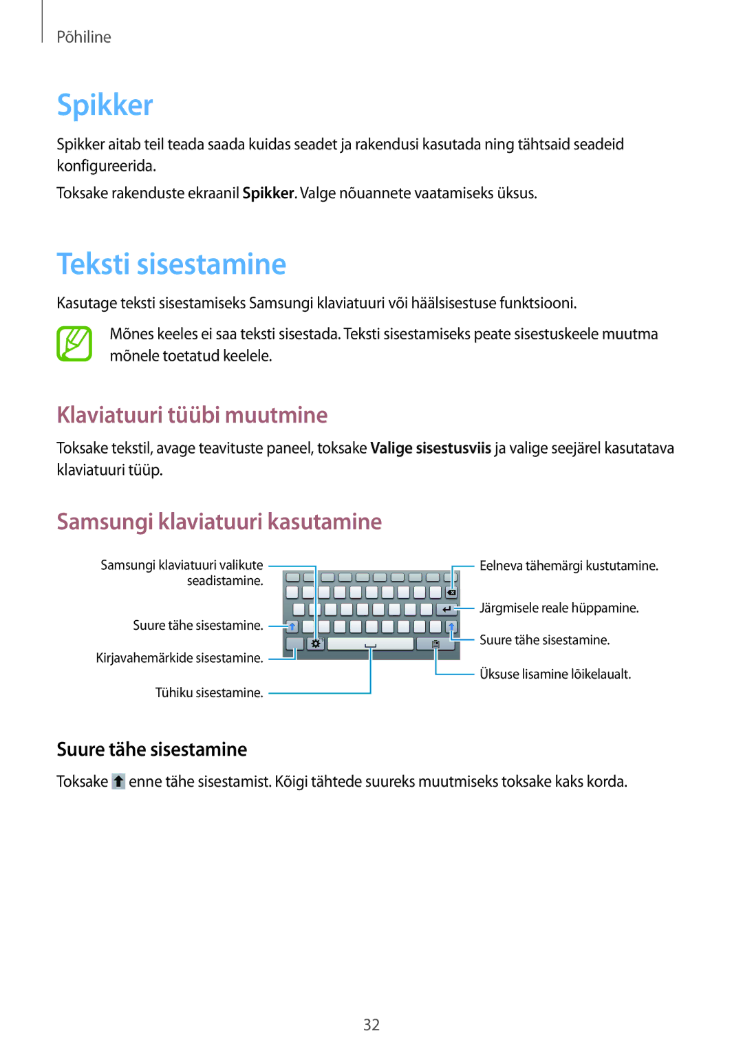 Samsung SM-T2100ZWASEB manual Spikker, Teksti sisestamine, Klaviatuuri tüübi muutmine, Samsungi klaviatuuri kasutamine 