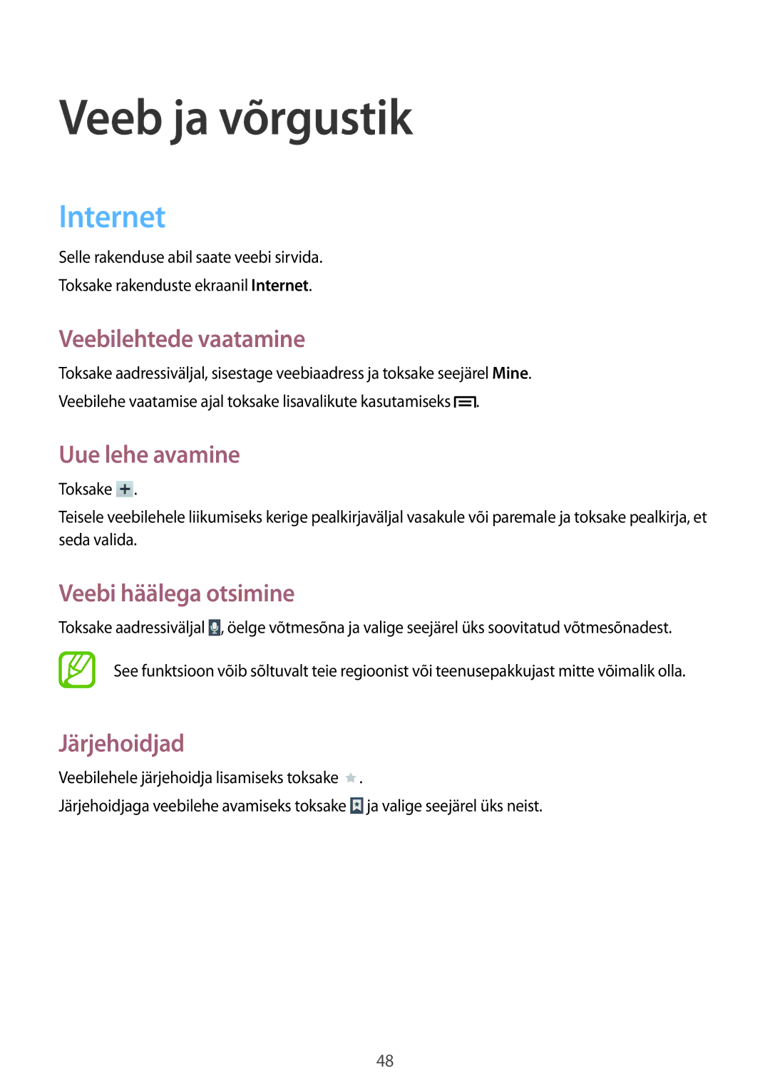 Samsung SM-T2100ZWASEB, SM-T2100MKASEB manual Veeb ja võrgustik, Internet 