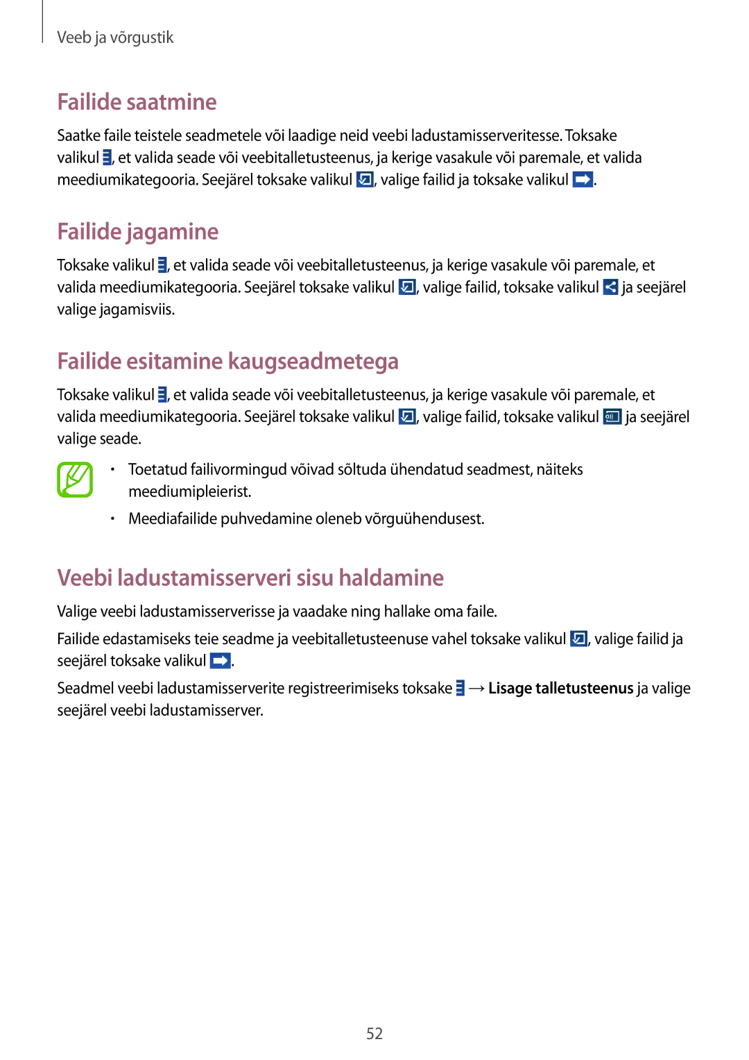 Samsung SM-T2100ZWASEB, SM-T2100MKASEB manual Failide saatmine, Failide jagamine, Failide esitamine kaugseadmetega 