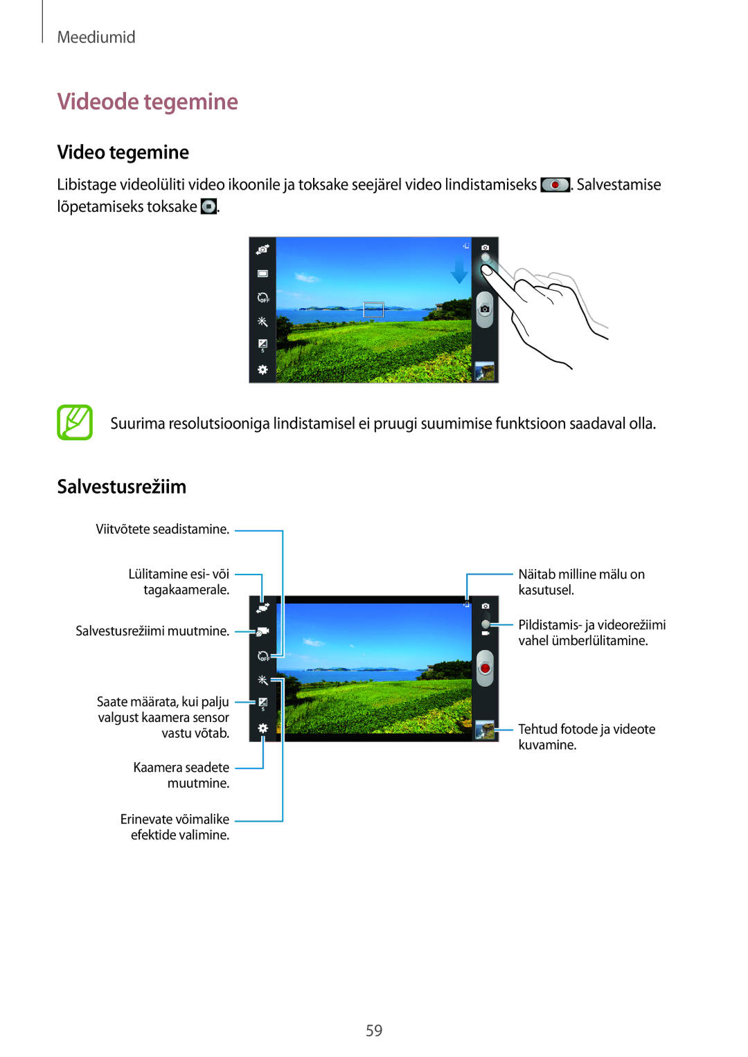 Samsung SM-T2100MKASEB, SM-T2100ZWASEB manual Videode tegemine, Video tegemine, Salvestusrežiim 