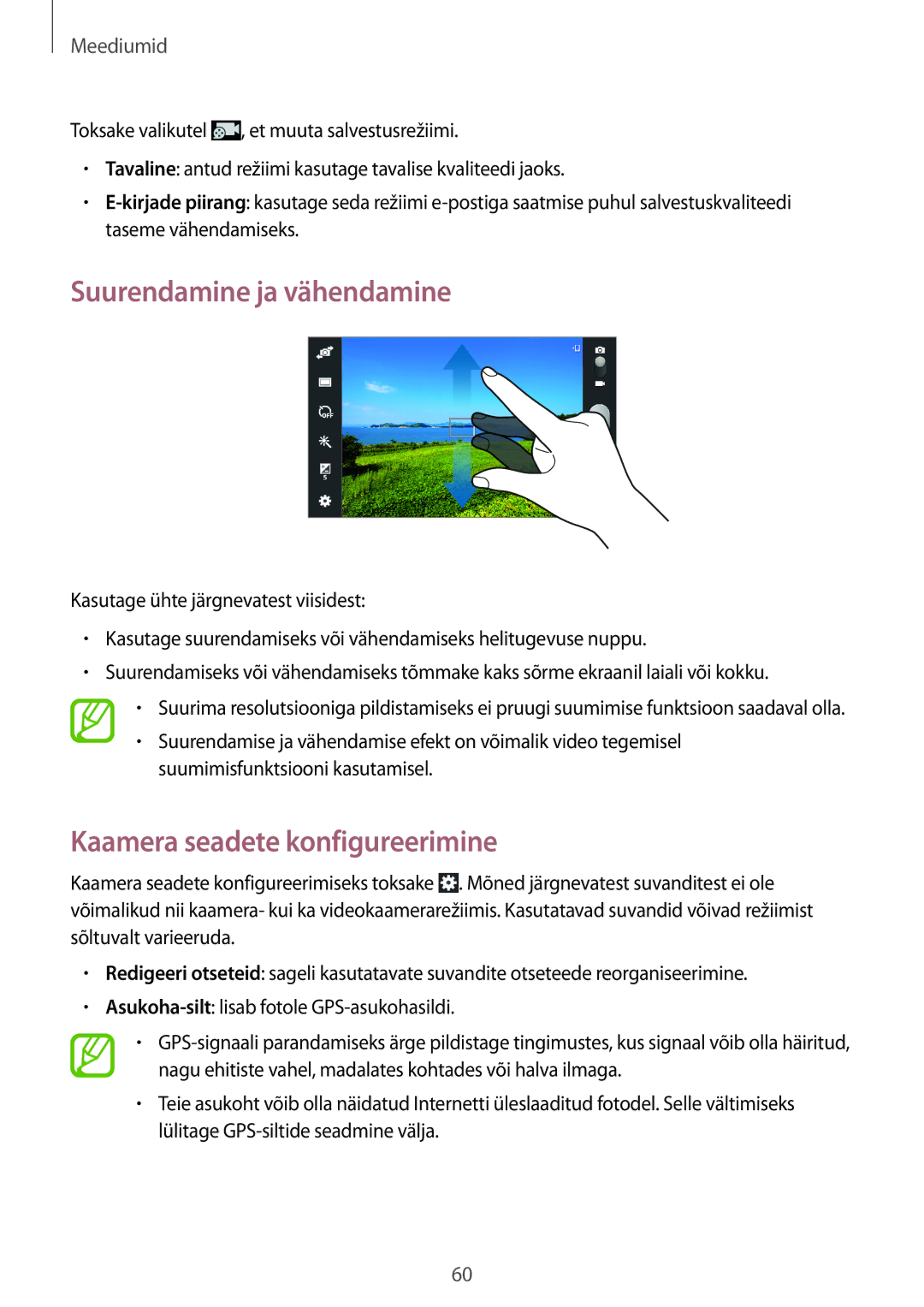 Samsung SM-T2100ZWASEB, SM-T2100MKASEB manual Suurendamine ja vähendamine, Kaamera seadete konfigureerimine 