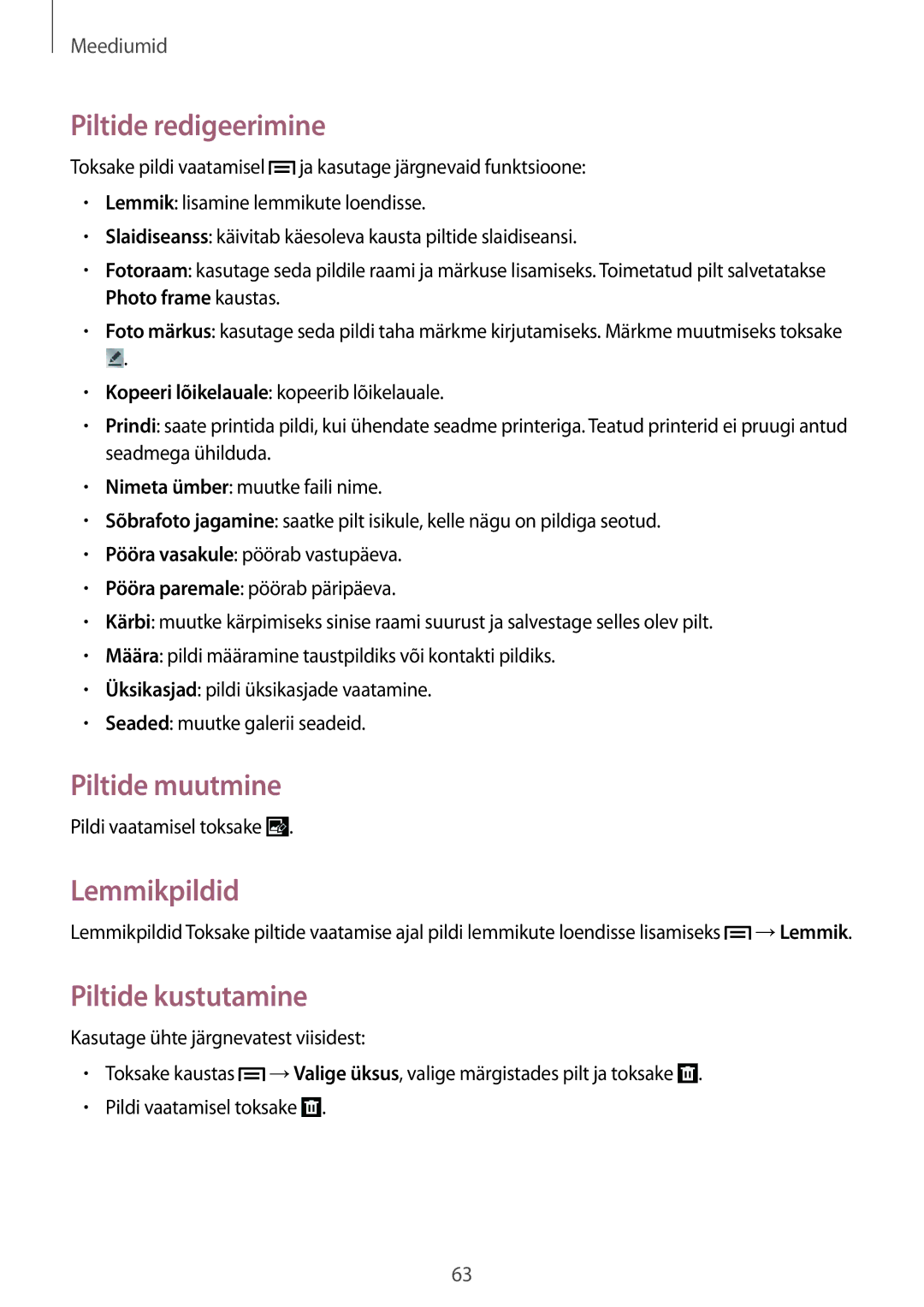 Samsung SM-T2100MKASEB, SM-T2100ZWASEB manual Piltide redigeerimine, Piltide muutmine, Lemmikpildid, Piltide kustutamine 
