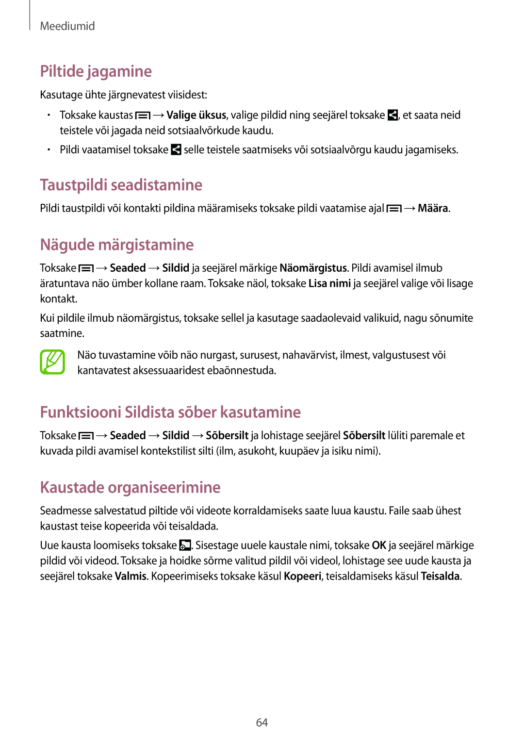 Samsung SM-T2100ZWASEB, SM-T2100MKASEB manual Piltide jagamine, Nägude märgistamine, Funktsiooni Sildista sõber kasutamine 