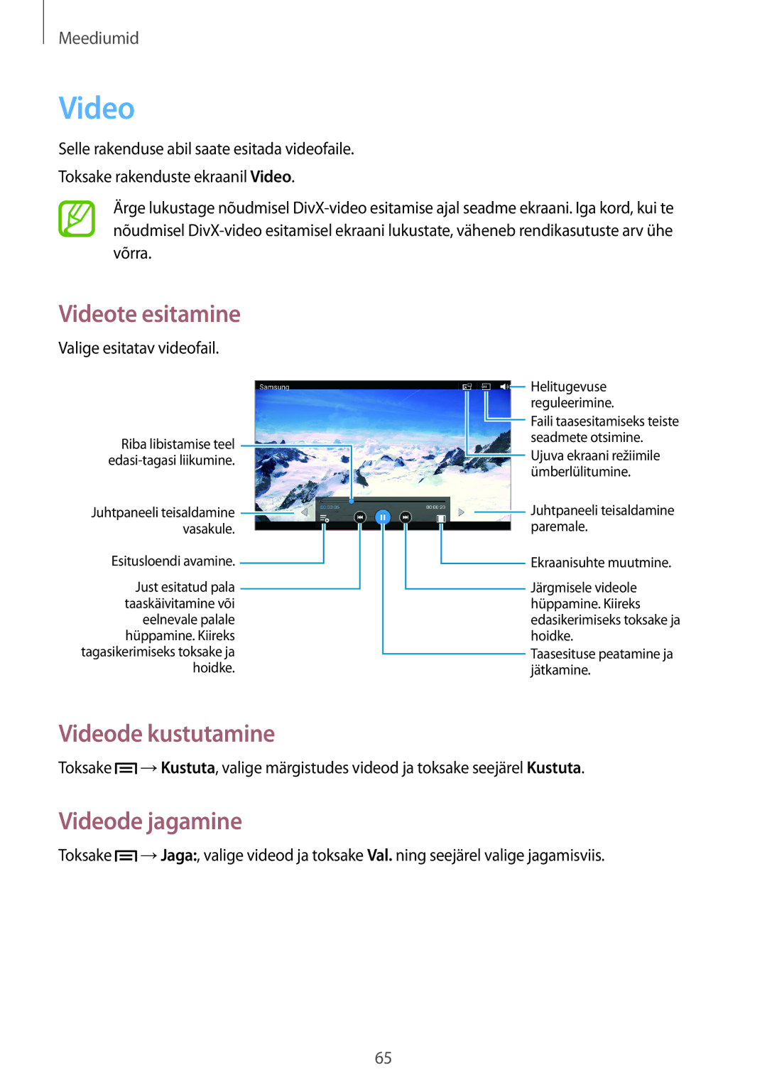 Samsung SM-T2100MKASEB, SM-T2100ZWASEB manual Videode kustutamine, Videode jagamine 