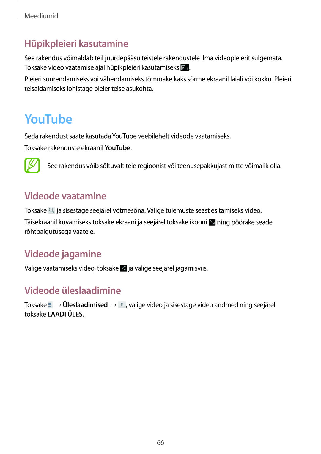 Samsung SM-T2100ZWASEB, SM-T2100MKASEB manual YouTube, Hüpikpleieri kasutamine, Videode vaatamine, Videode üleslaadimine 
