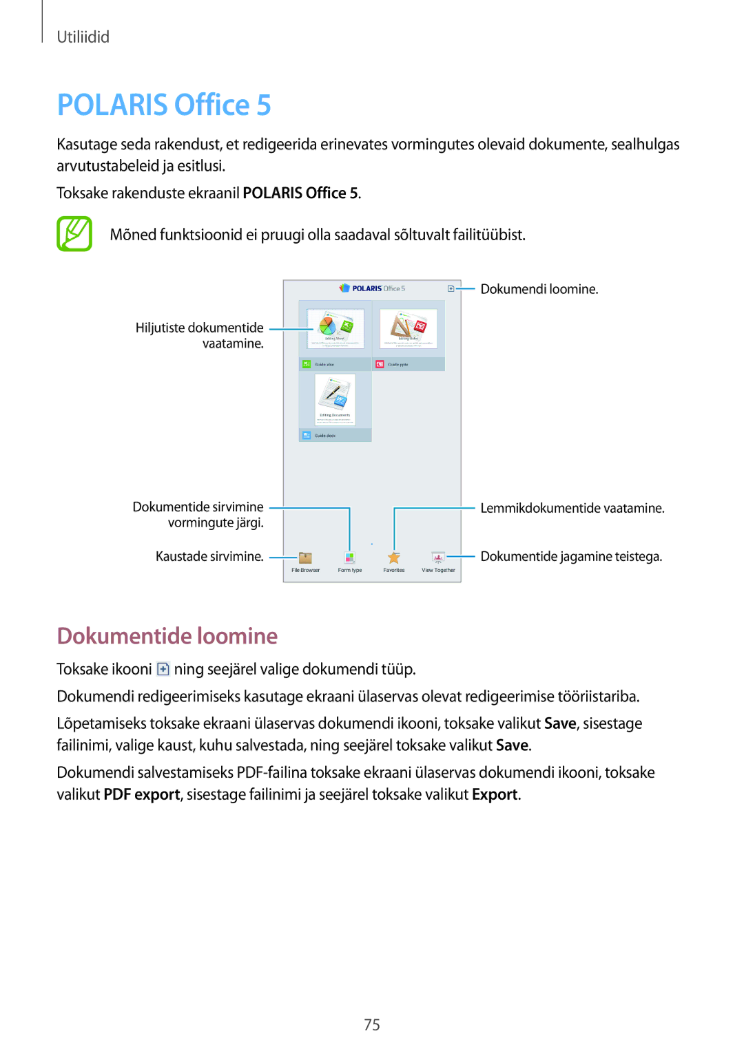 Samsung SM-T2100MKASEB, SM-T2100ZWASEB manual Polaris Office, Dokumentide loomine 