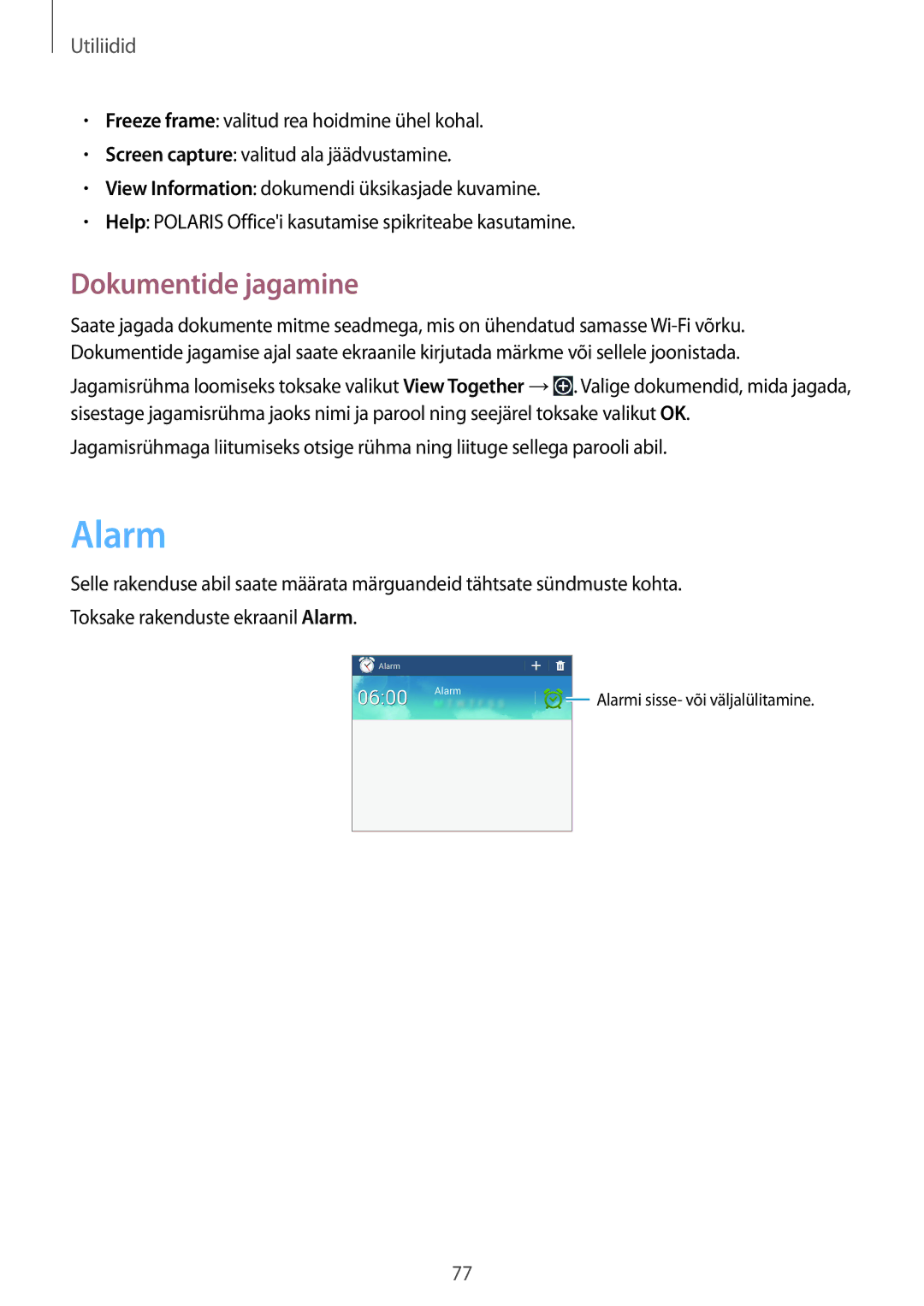 Samsung SM-T2100MKASEB, SM-T2100ZWASEB manual Alarm, Dokumentide jagamine 