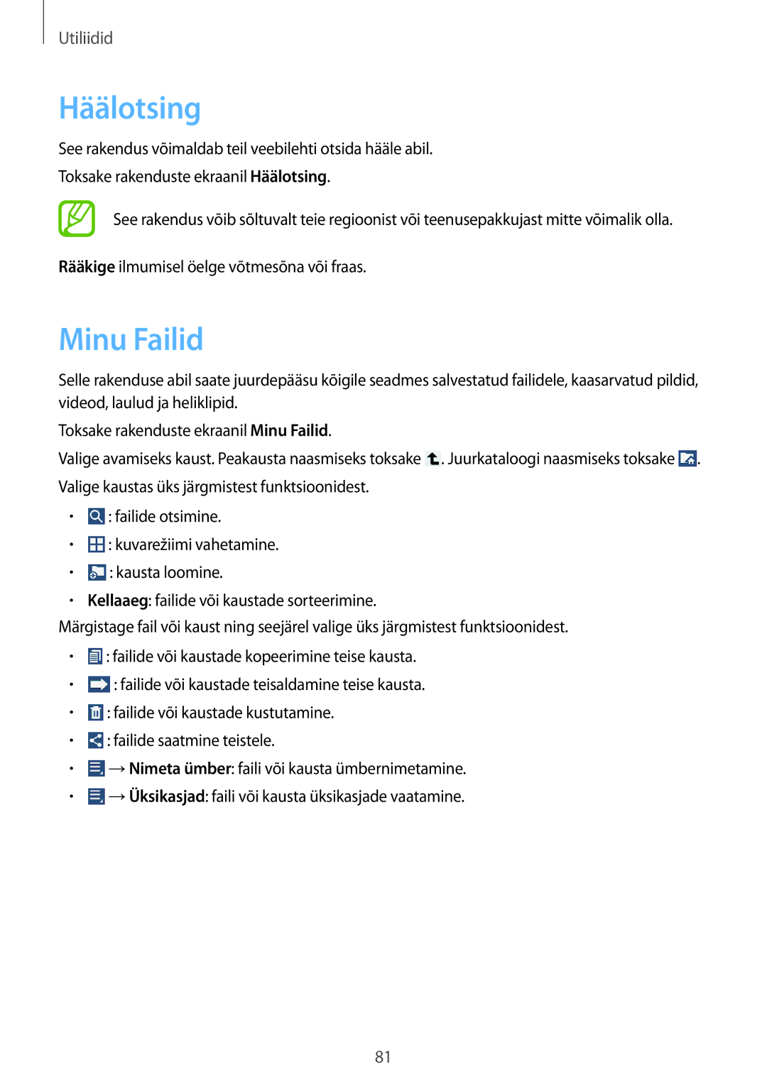 Samsung SM-T2100MKASEB, SM-T2100ZWASEB manual Häälotsing, Minu Failid 