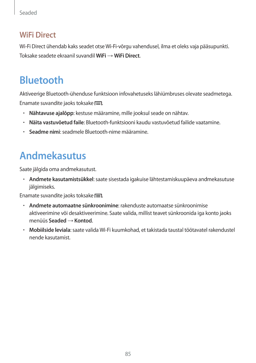 Samsung SM-T2100MKASEB, SM-T2100ZWASEB manual Andmekasutus, WiFi Direct 