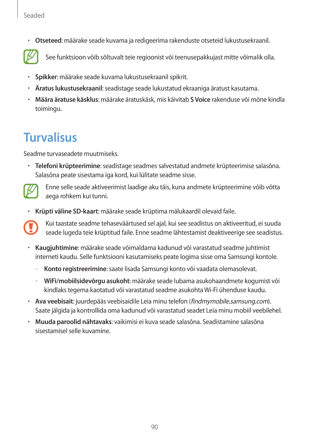 Samsung SM-T2100ZWASEB, SM-T2100MKASEB manual Turvalisus, Seadme turvaseadete muutmiseks 