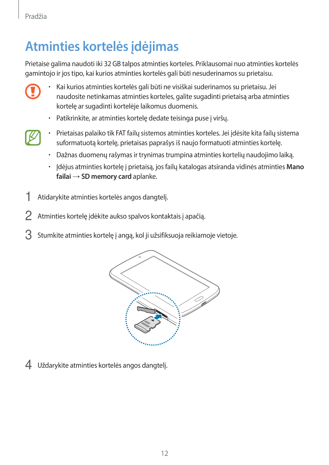 Samsung SM-T2100ZWASEB, SM-T2100MKASEB manual Atminties kortelės įdėjimas 