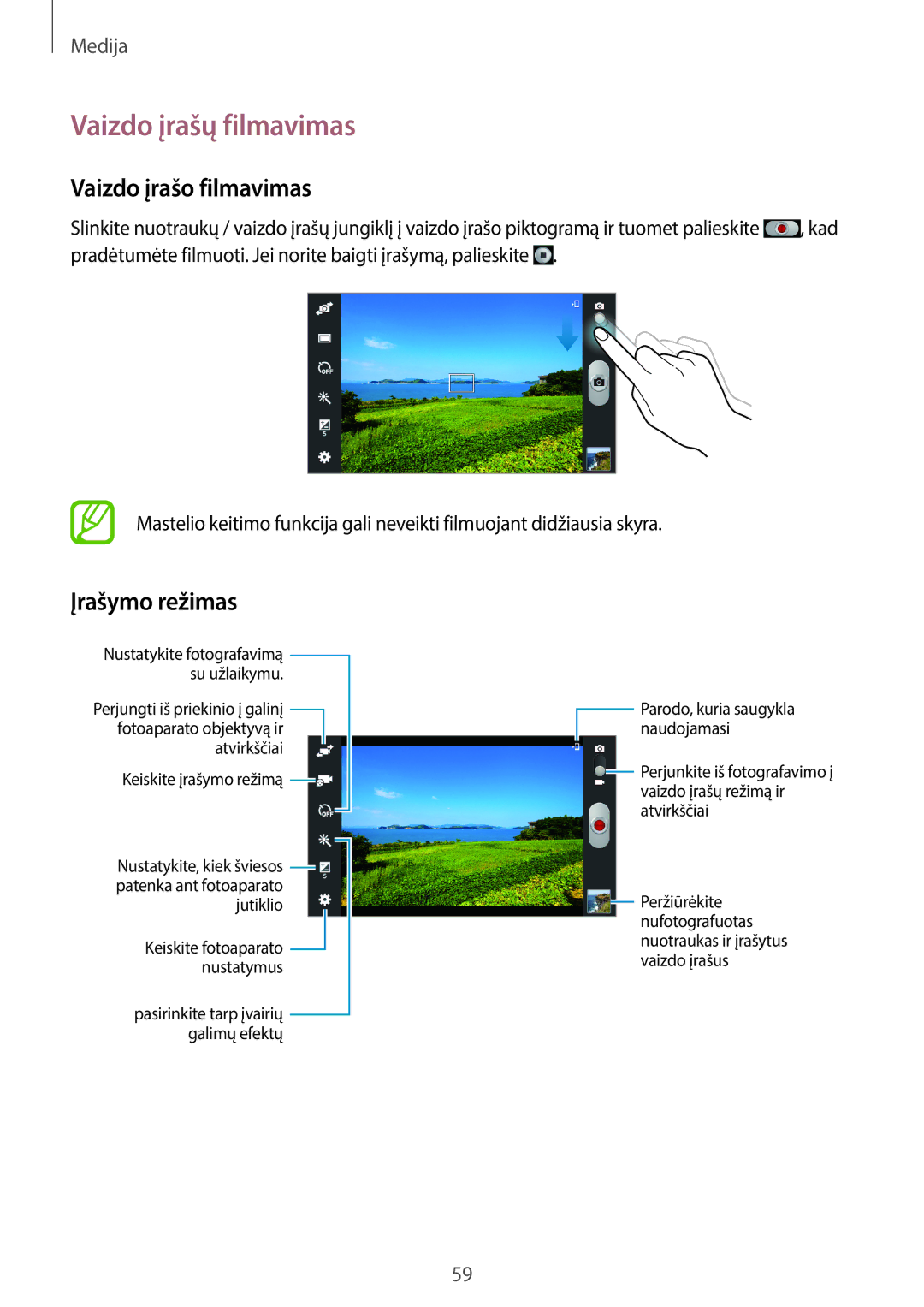 Samsung SM-T2100MKASEB, SM-T2100ZWASEB manual Vaizdo įrašų filmavimas, Vaizdo įrašo filmavimas, Įrašymo režimas 