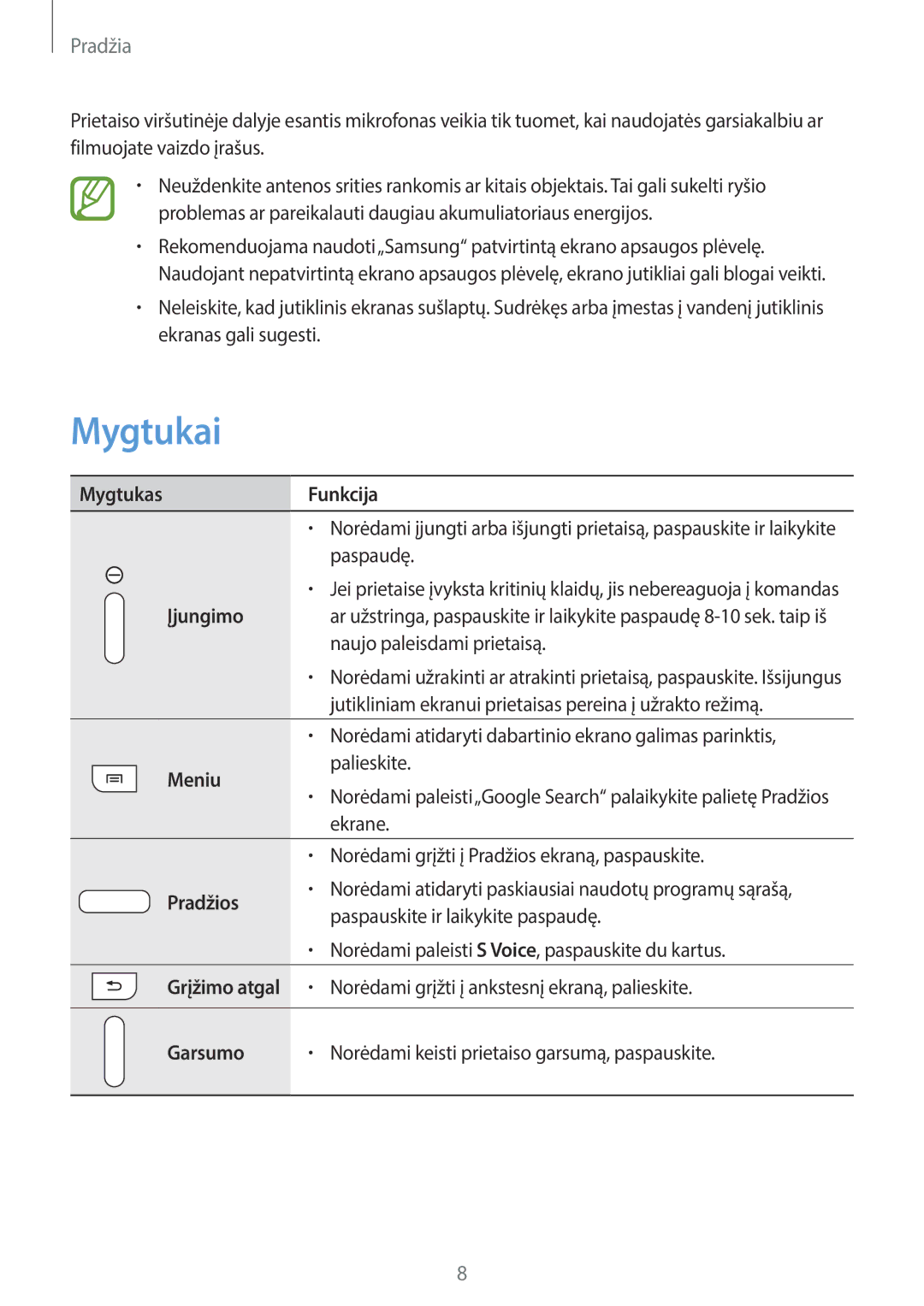 Samsung SM-T2100ZWASEB, SM-T2100MKASEB manual Mygtukai, Pradžia 