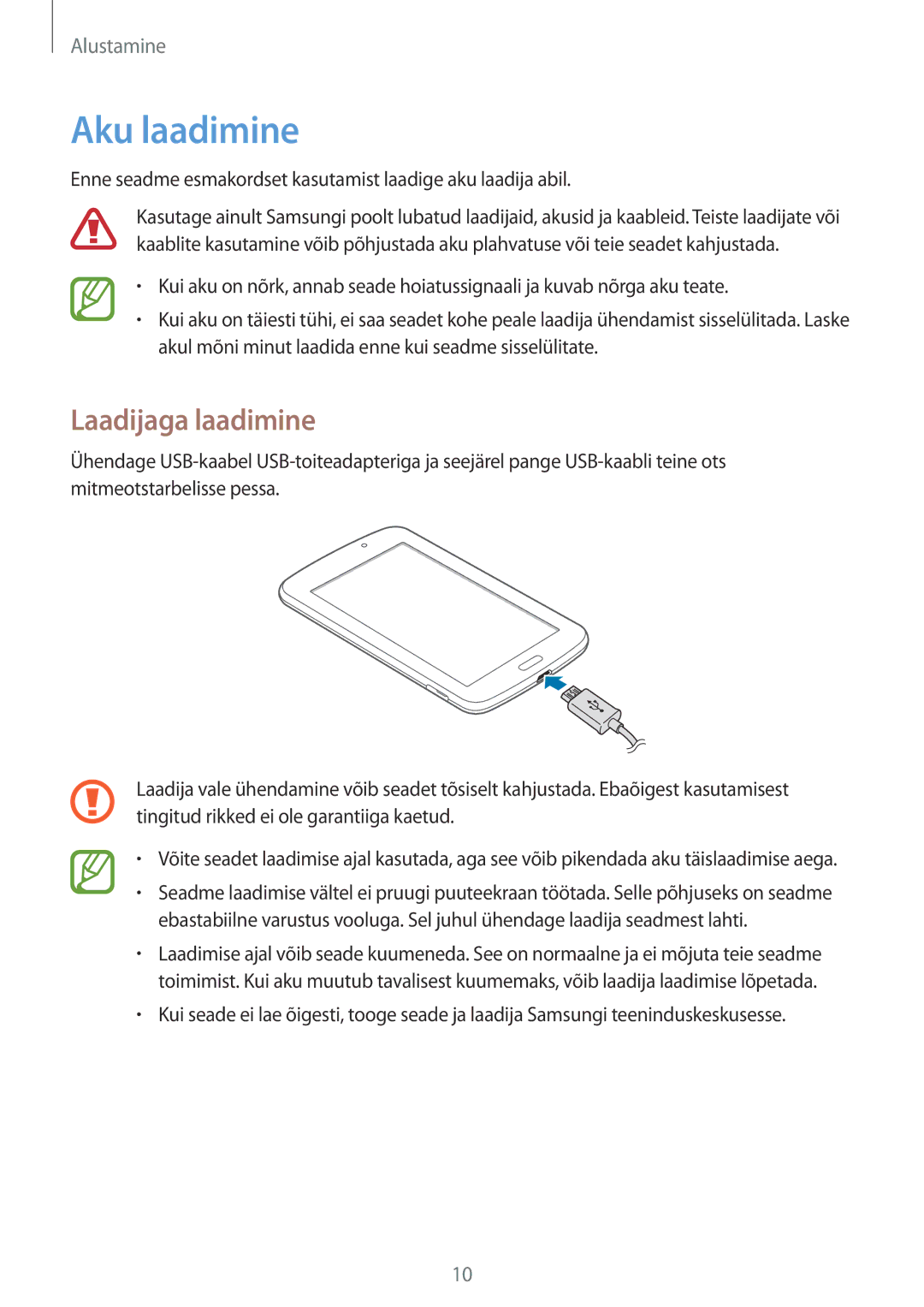 Samsung SM-T2100ZWASEB, SM-T2100MKASEB manual Aku laadimine, Laadijaga laadimine 