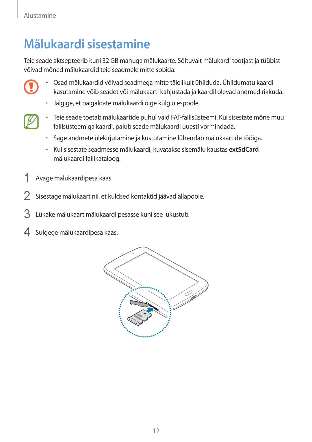 Samsung SM-T2100ZWASEB, SM-T2100MKASEB manual Mälukaardi sisestamine, Jälgige, et paigaldate mälukaardi õige külg ülespoole 