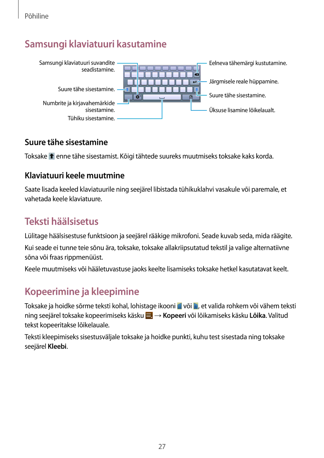 Samsung SM-T2100MKASEB, SM-T2100ZWASEB manual Samsungi klaviatuuri kasutamine, Teksti häälsisetus, Kopeerimine ja kleepimine 