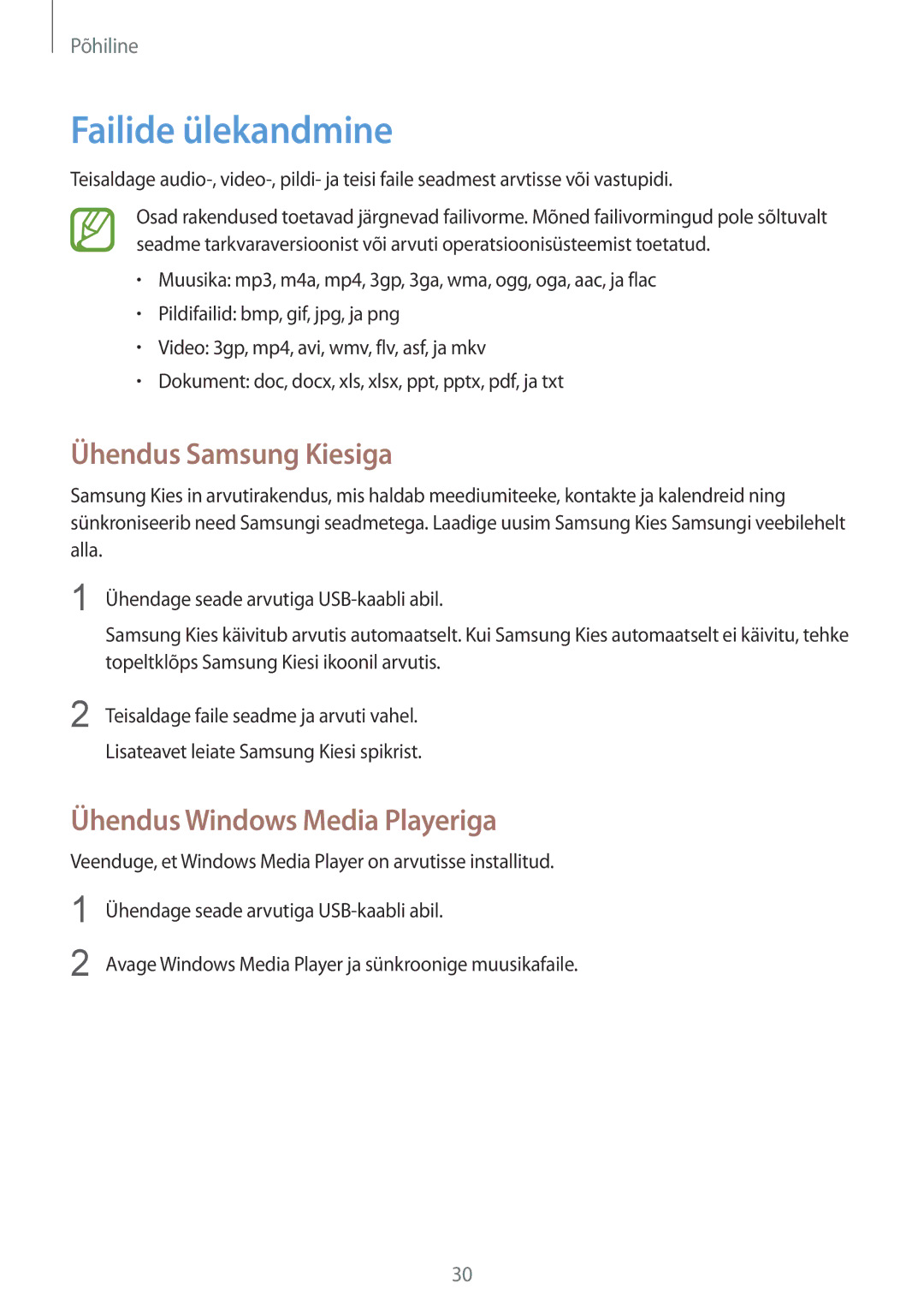 Samsung SM-T2100ZWASEB, SM-T2100MKASEB manual Failide ülekandmine, Ühendus Samsung Kiesiga, Ühendus Windows Media Playeriga 