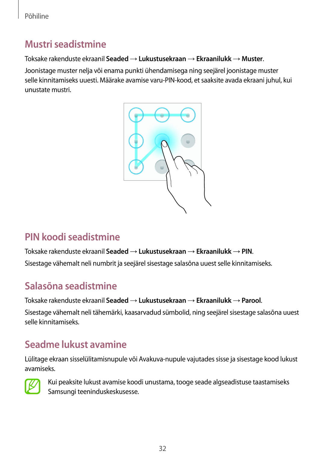 Samsung SM-T2100ZWASEB manual Mustri seadistmine, PIN koodi seadistmine, Salasõna seadistmine, Seadme lukust avamine 