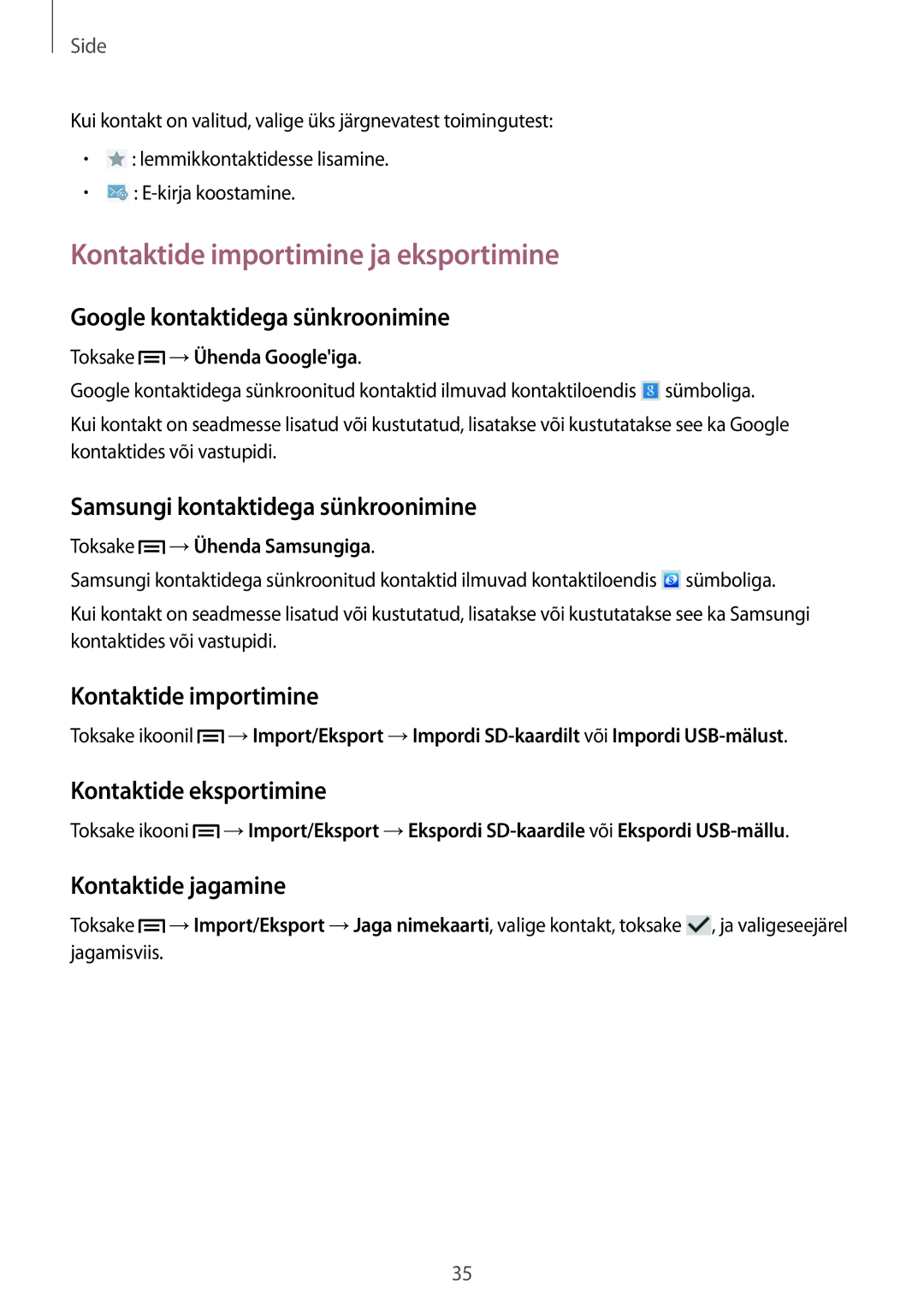 Samsung SM-T2100MKASEB, SM-T2100ZWASEB manual Kontaktide importimine ja eksportimine 