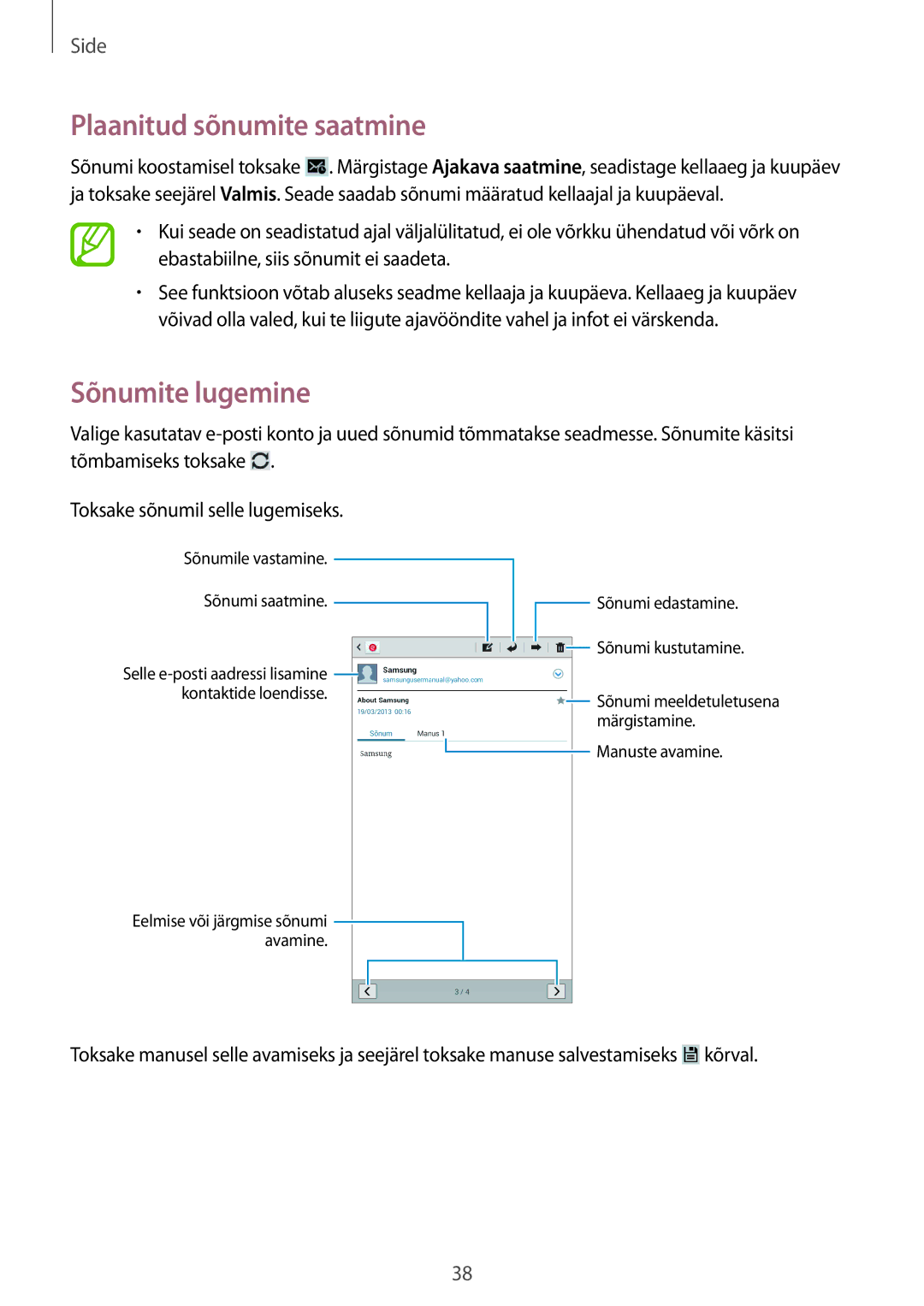 Samsung SM-T2100ZWASEB, SM-T2100MKASEB manual Plaanitud sõnumite saatmine, Sõnumite lugemine 