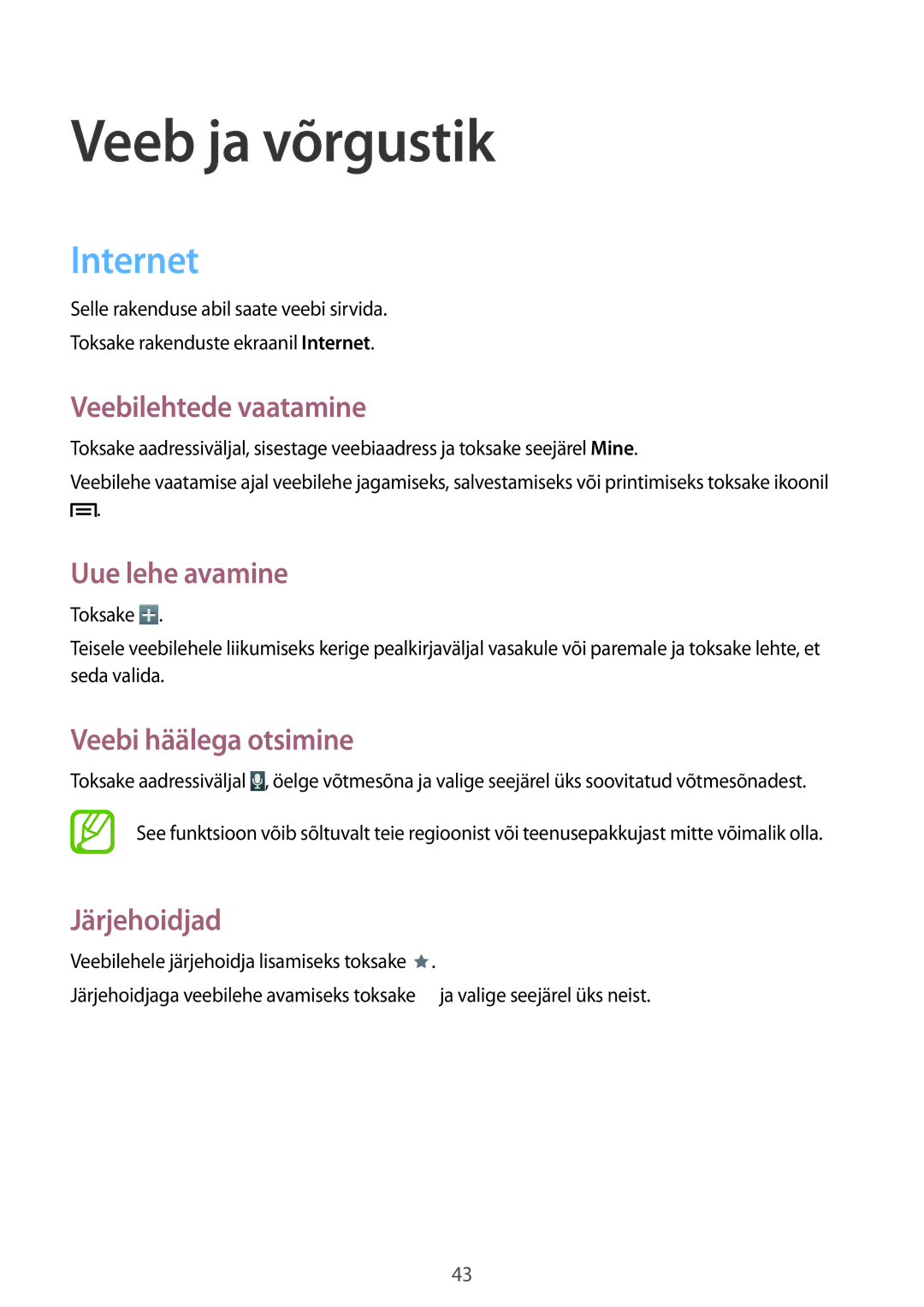 Samsung SM-T2100MKASEB, SM-T2100ZWASEB manual Veeb ja võrgustik, Internet 