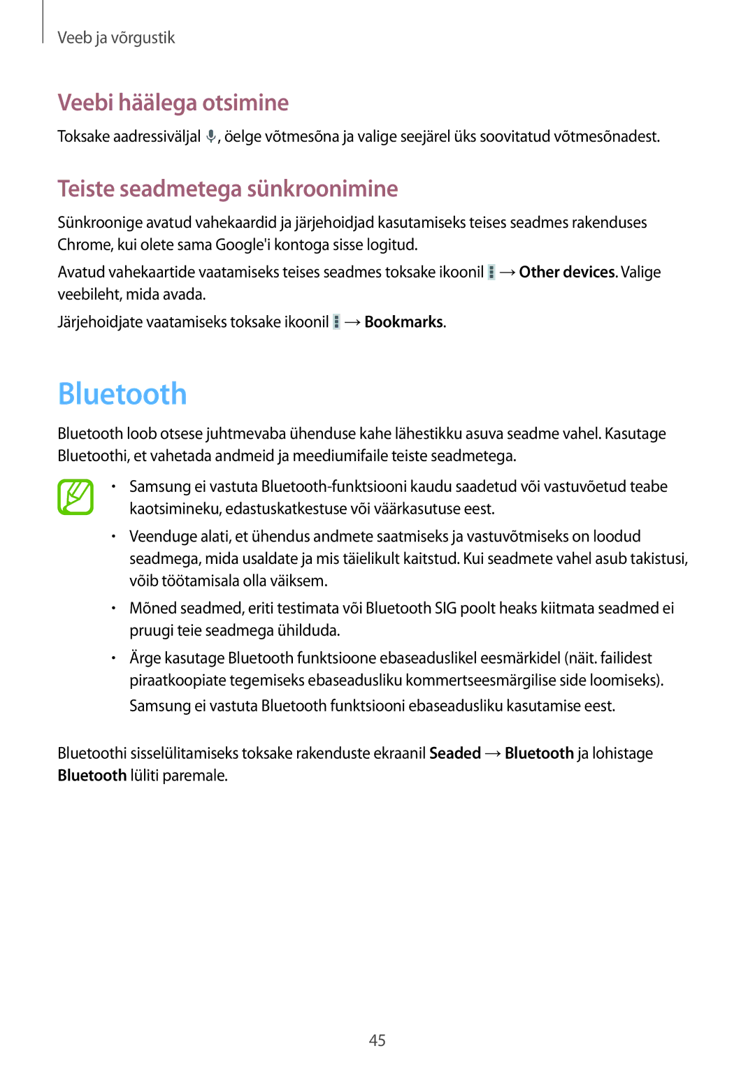 Samsung SM-T2100MKASEB, SM-T2100ZWASEB manual Bluetooth, Teiste seadmetega sünkroonimine 