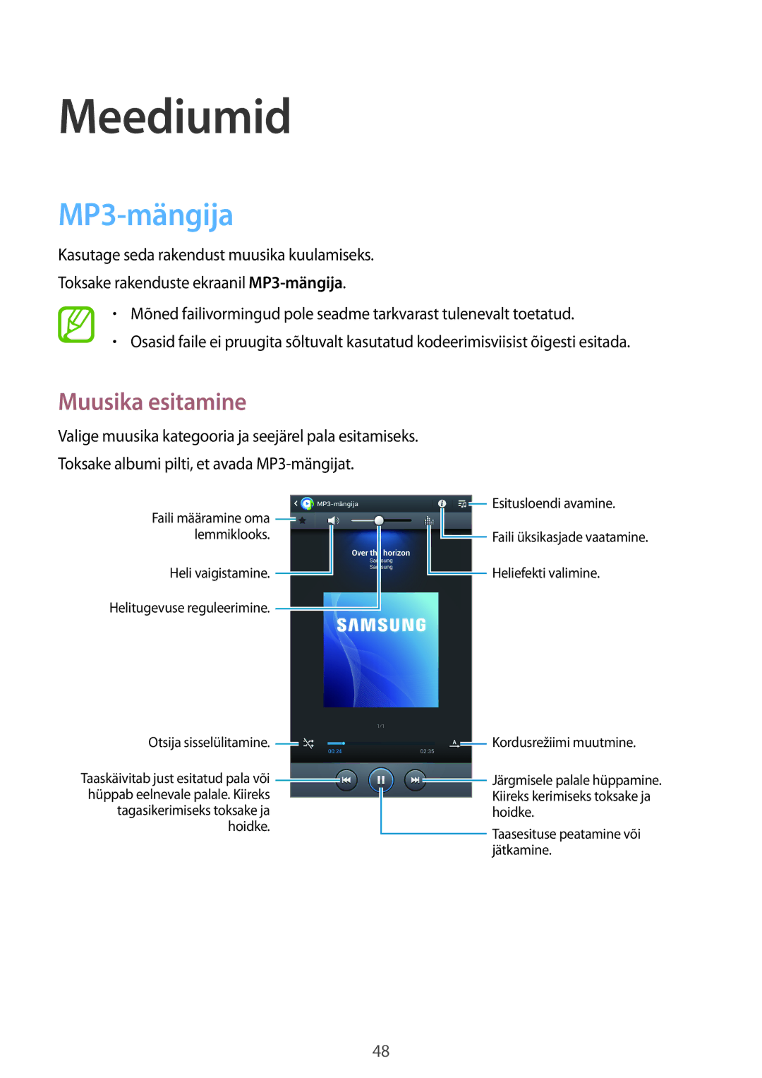 Samsung SM-T2100ZWASEB, SM-T2100MKASEB manual Meediumid, MP3-mängija, Muusika esitamine 