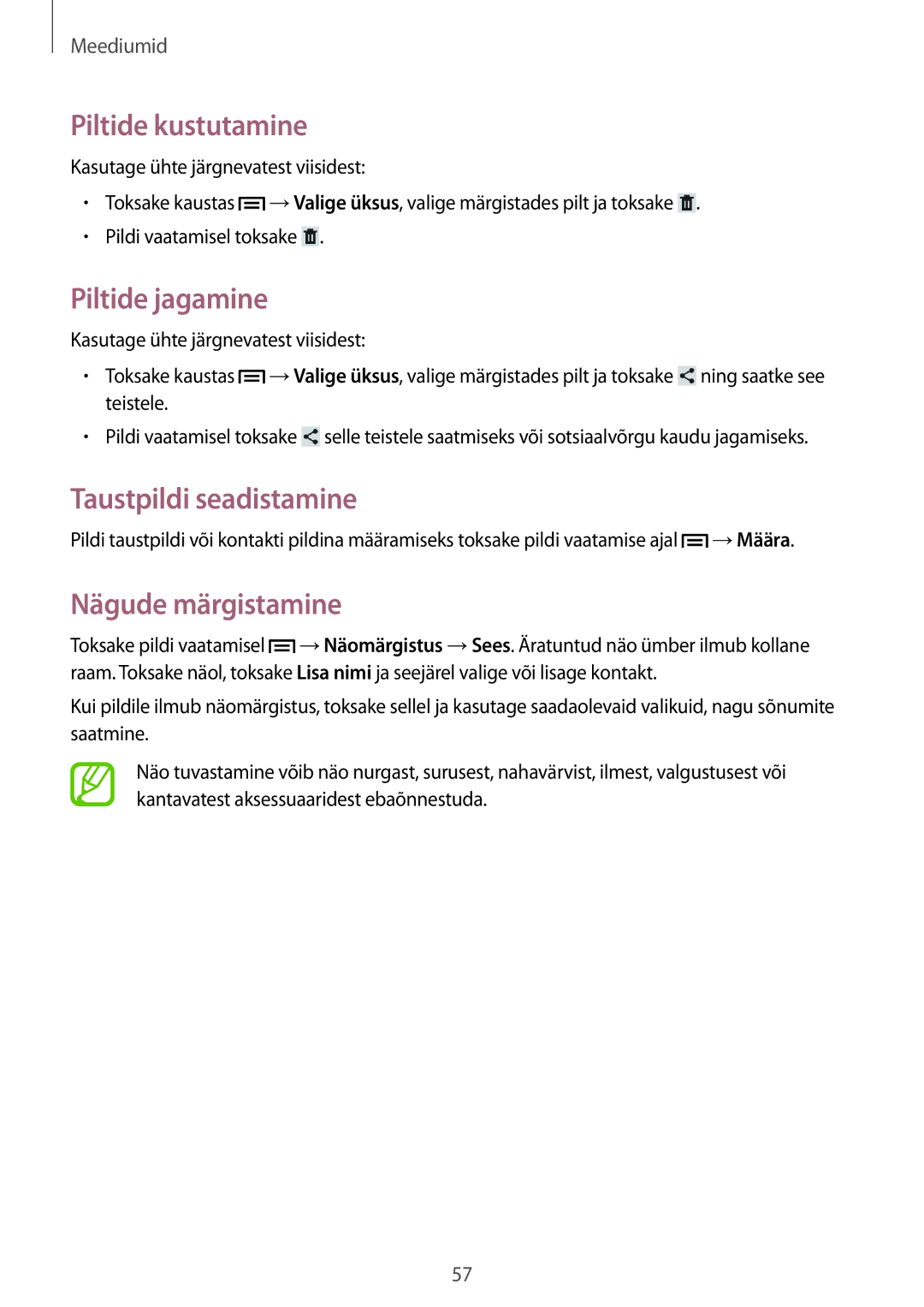 Samsung SM-T2100MKASEB, SM-T2100ZWASEB manual Piltide kustutamine, Piltide jagamine, Nägude märgistamine 