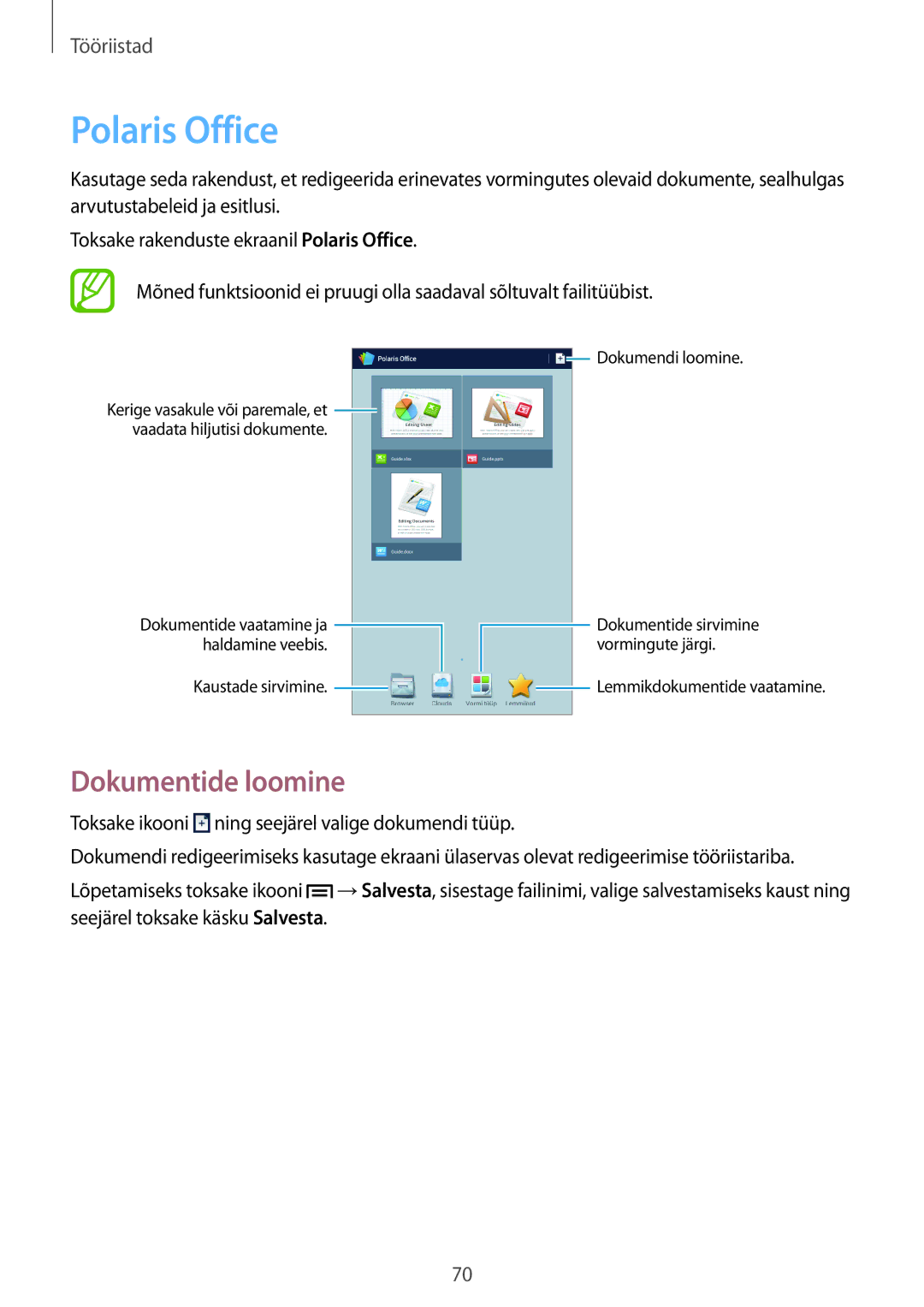 Samsung SM-T2100ZWASEB, SM-T2100MKASEB manual Polaris Office, Dokumentide loomine 