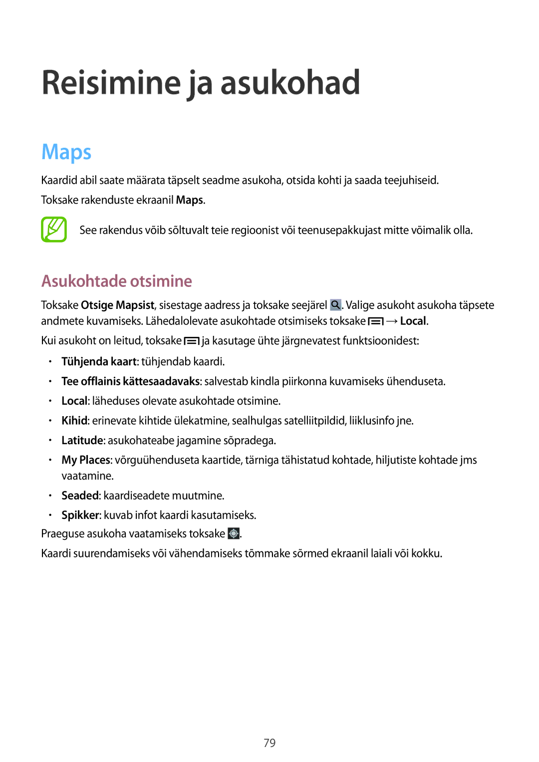 Samsung SM-T2100MKASEB, SM-T2100ZWASEB manual Reisimine ja asukohad, Maps, Asukohtade otsimine 