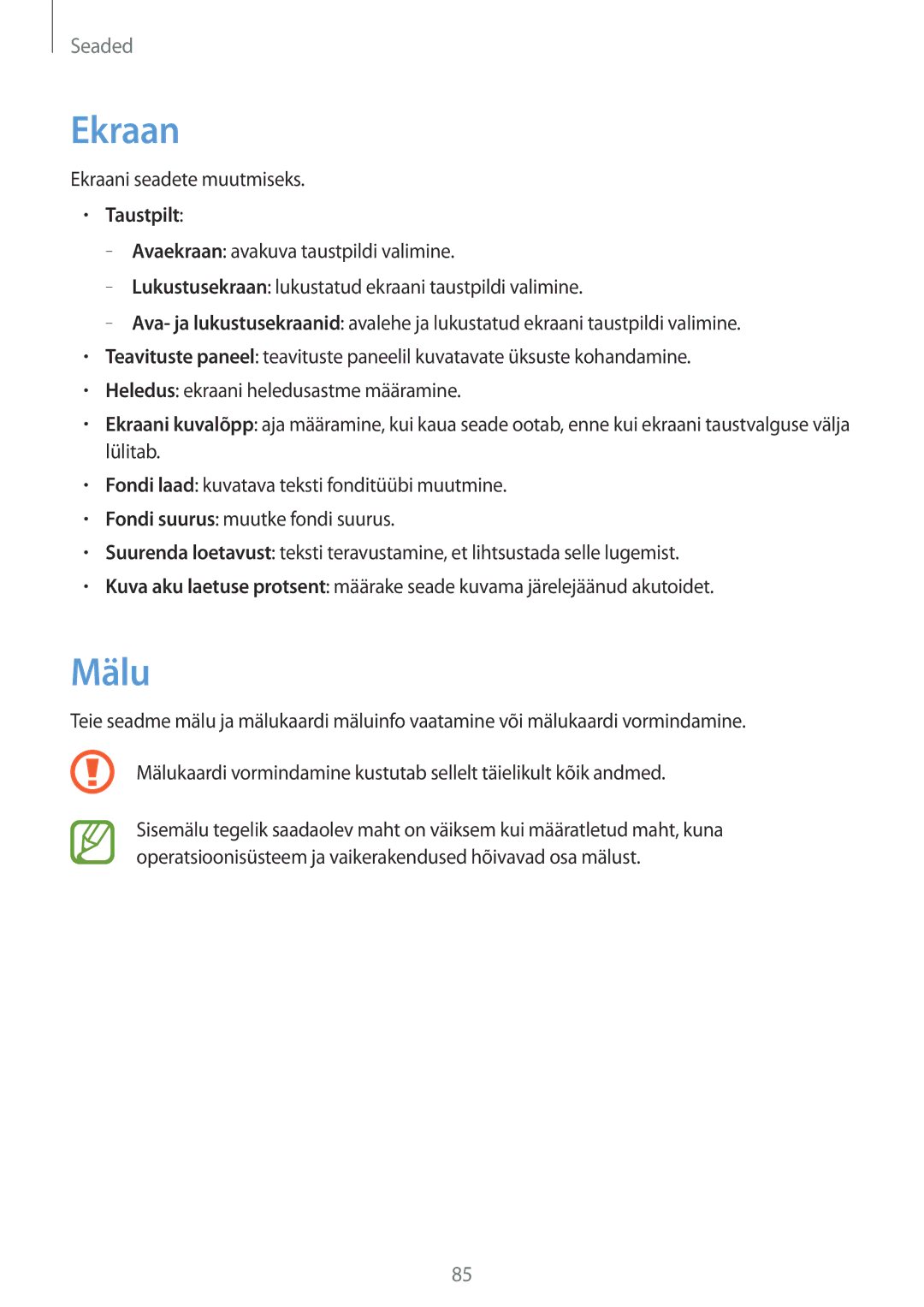 Samsung SM-T2100MKASEB, SM-T2100ZWASEB manual Ekraan, Mälu, Taustpilt 