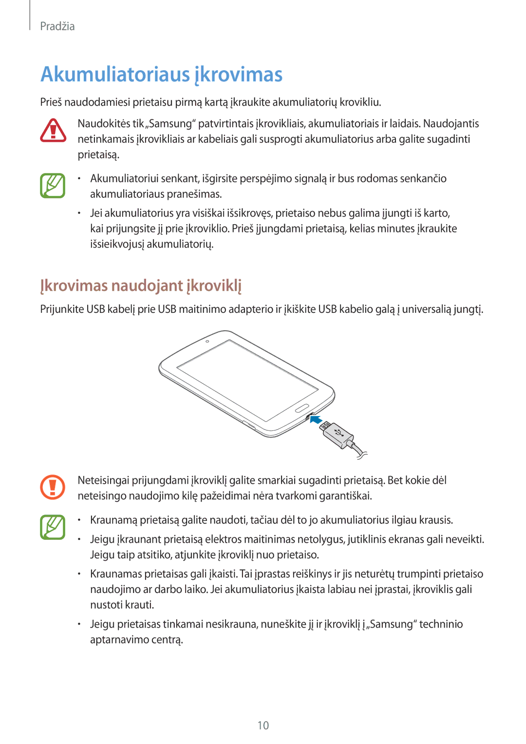 Samsung SM-T2100ZWASEB, SM-T2100MKASEB manual Akumuliatoriaus įkrovimas, Įkrovimas naudojant įkroviklį 