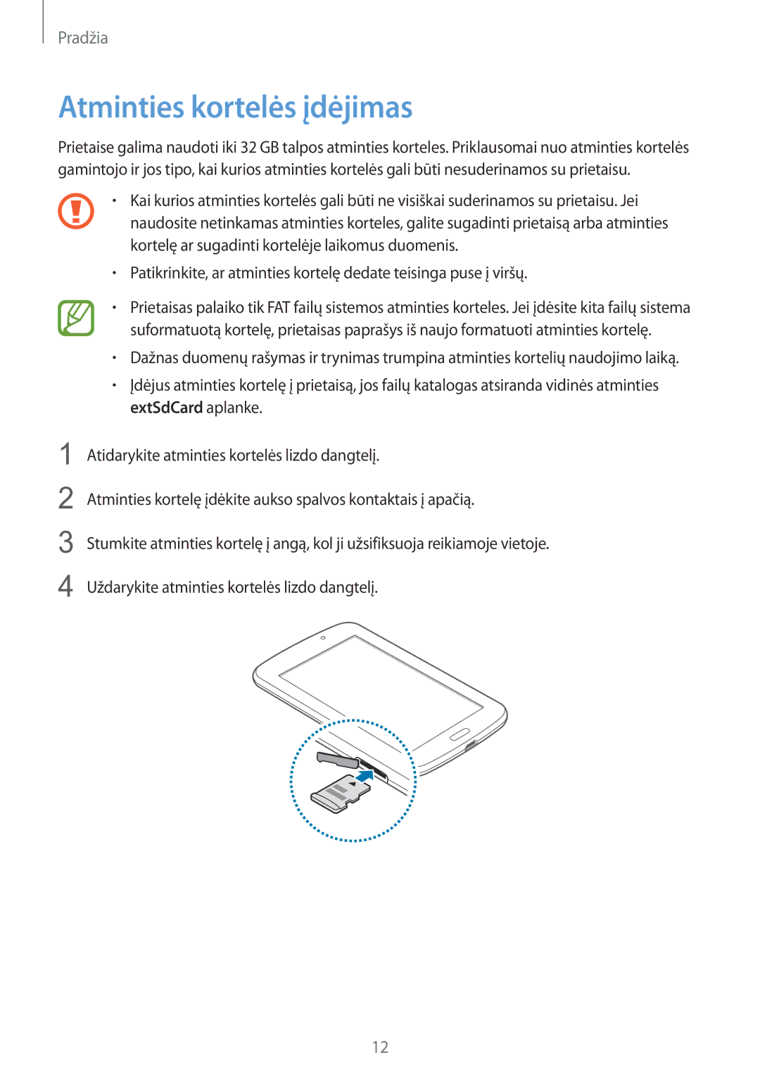 Samsung SM-T2100ZWASEB, SM-T2100MKASEB manual Atminties kortelės įdėjimas 