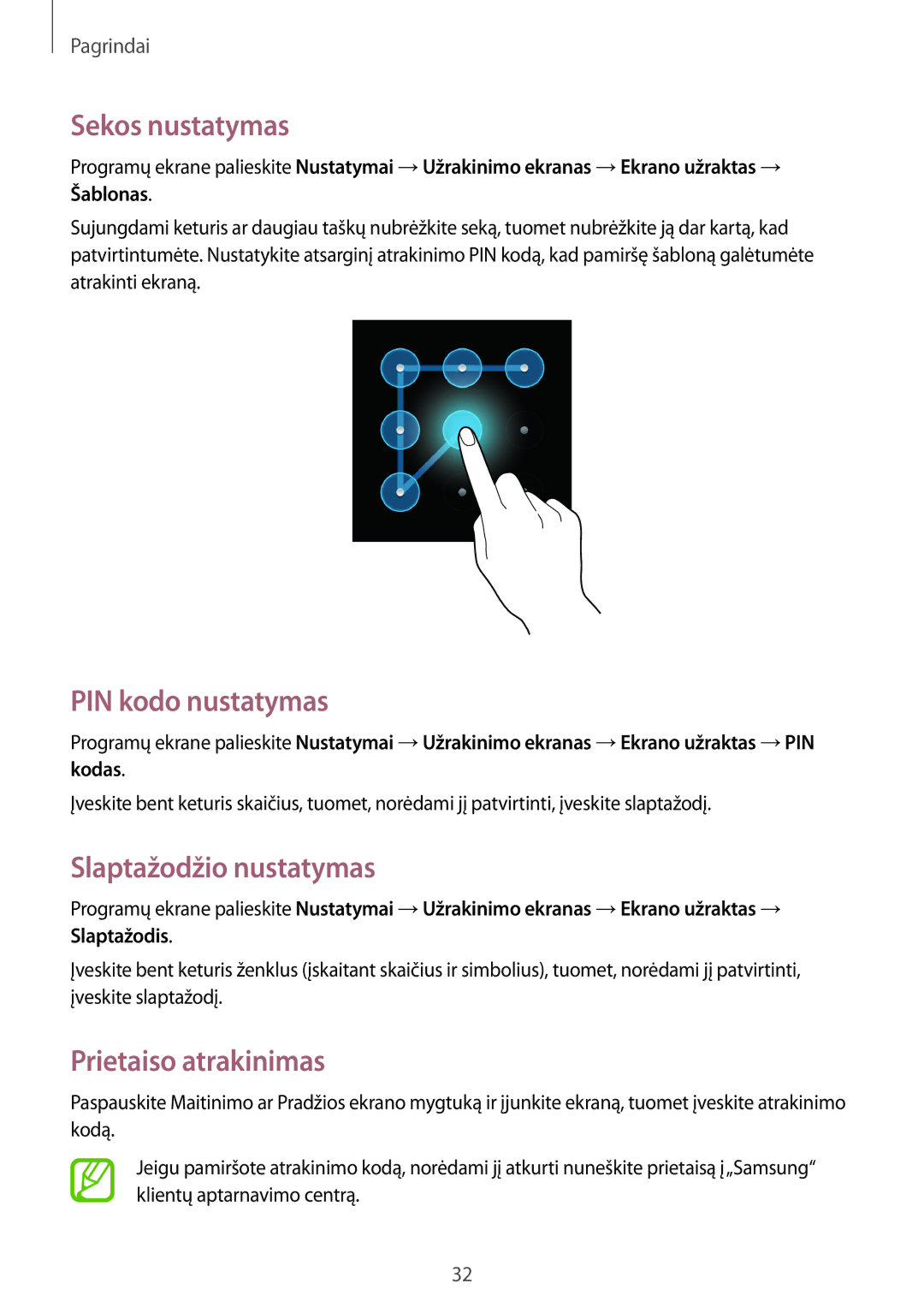 Samsung SM-T2100ZWASEB manual Sekos nustatymas, PIN kodo nustatymas, Slaptažodžio nustatymas, Prietaiso atrakinimas 