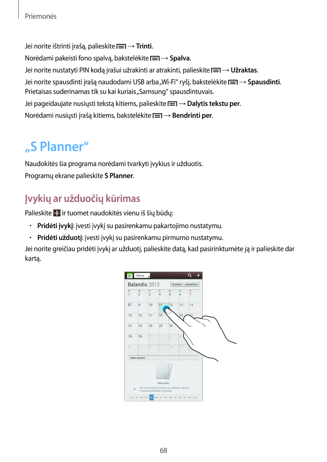 Samsung SM-T2100ZWASEB, SM-T2100MKASEB manual „S Planner, Įvykių ar užduočių kūrimas 