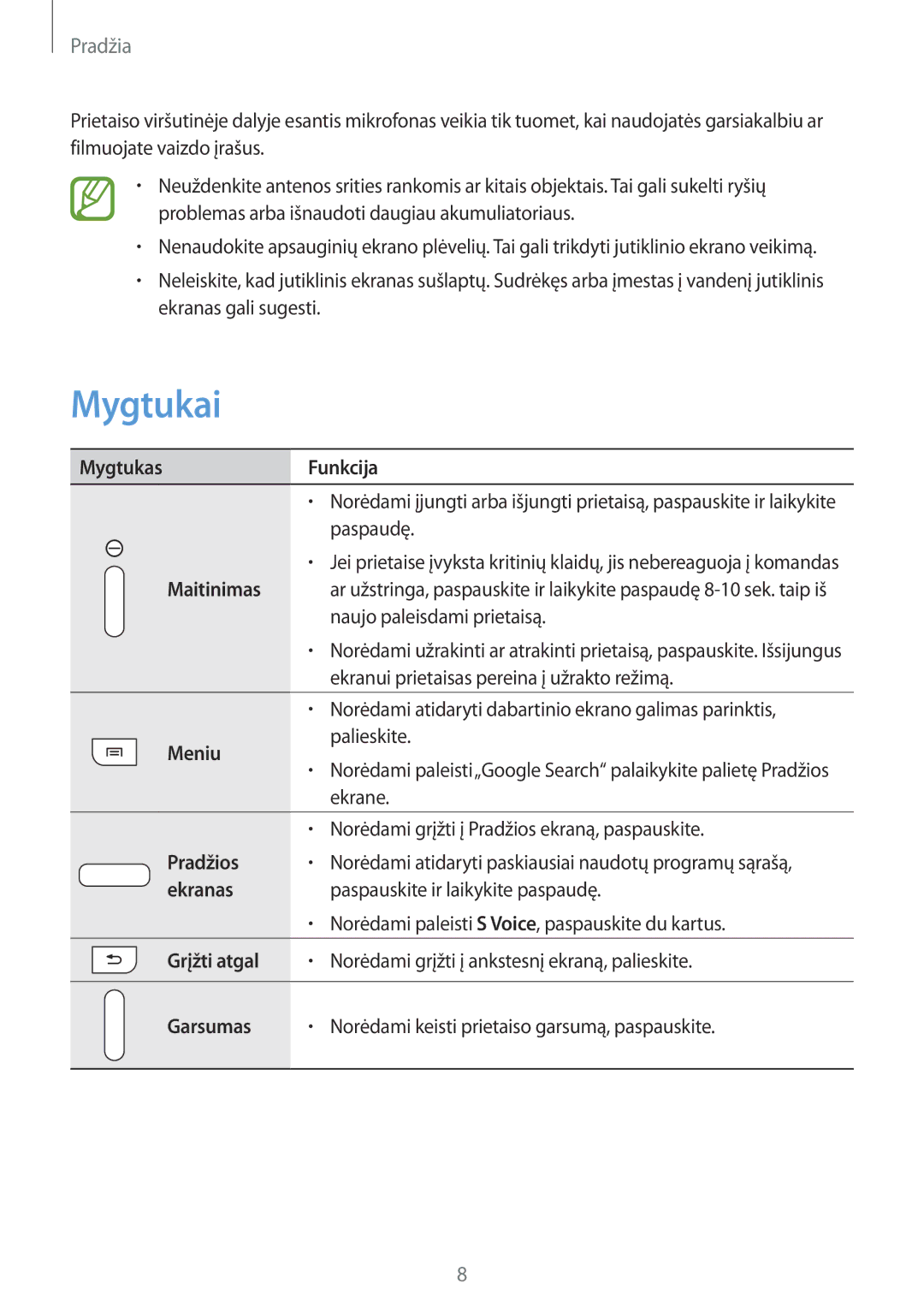 Samsung SM-T2100ZWASEB, SM-T2100MKASEB manual Mygtukai 