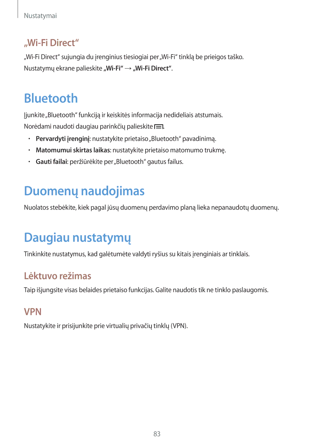 Samsung SM-T2100MKASEB, SM-T2100ZWASEB Bluetooth, Duomenų naudojimas, Daugiau nustatymų, „Wi-Fi Direct, Lėktuvo režimas 