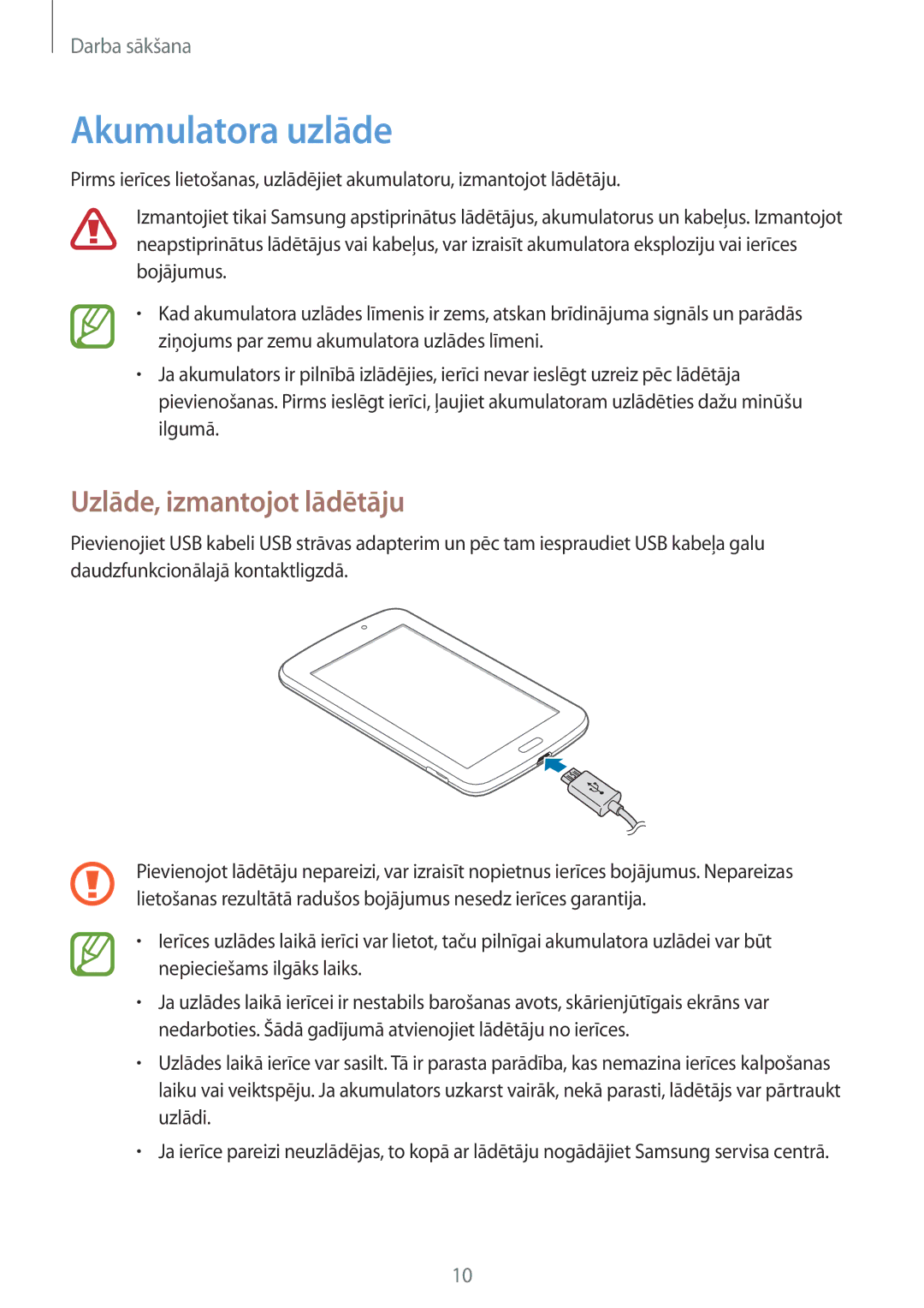 Samsung SM-T2100ZWASEB, SM-T2100MKASEB manual Akumulatora uzlāde, Uzlāde, izmantojot lādētāju 