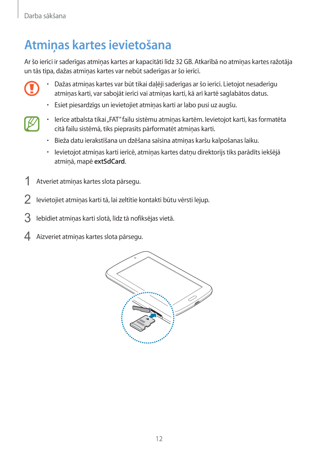 Samsung SM-T2100ZWASEB, SM-T2100MKASEB manual Atmiņas kartes ievietošana 