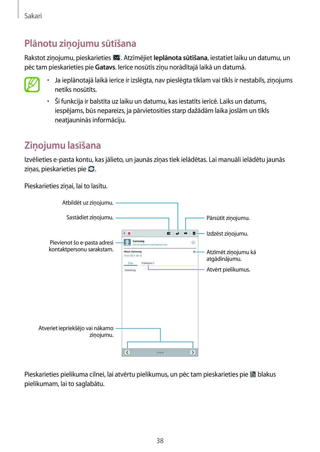 Samsung SM-T2100ZWASEB, SM-T2100MKASEB manual Plānotu ziņojumu sūtīšana, Ziņojumu lasīšana 